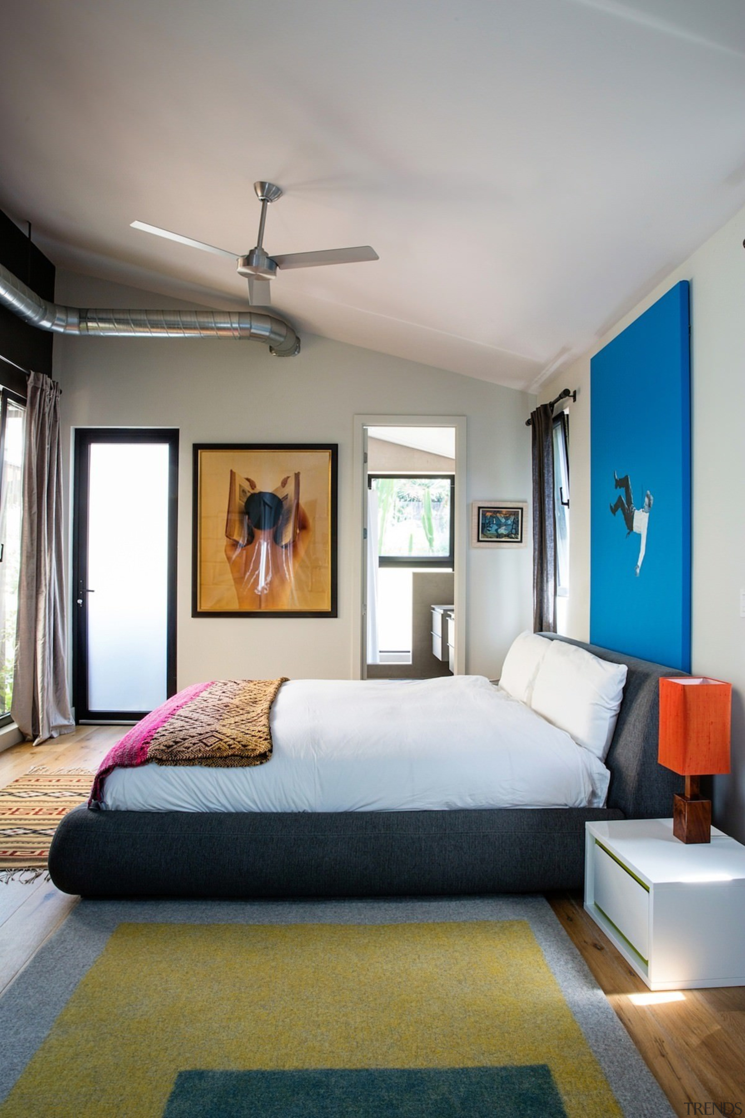 The master bedroom doesn't hide the air ducts bed frame, bedroom, ceiling, estate, furniture, home, house, interior design, living room, real estate, room, suite, wall, gray