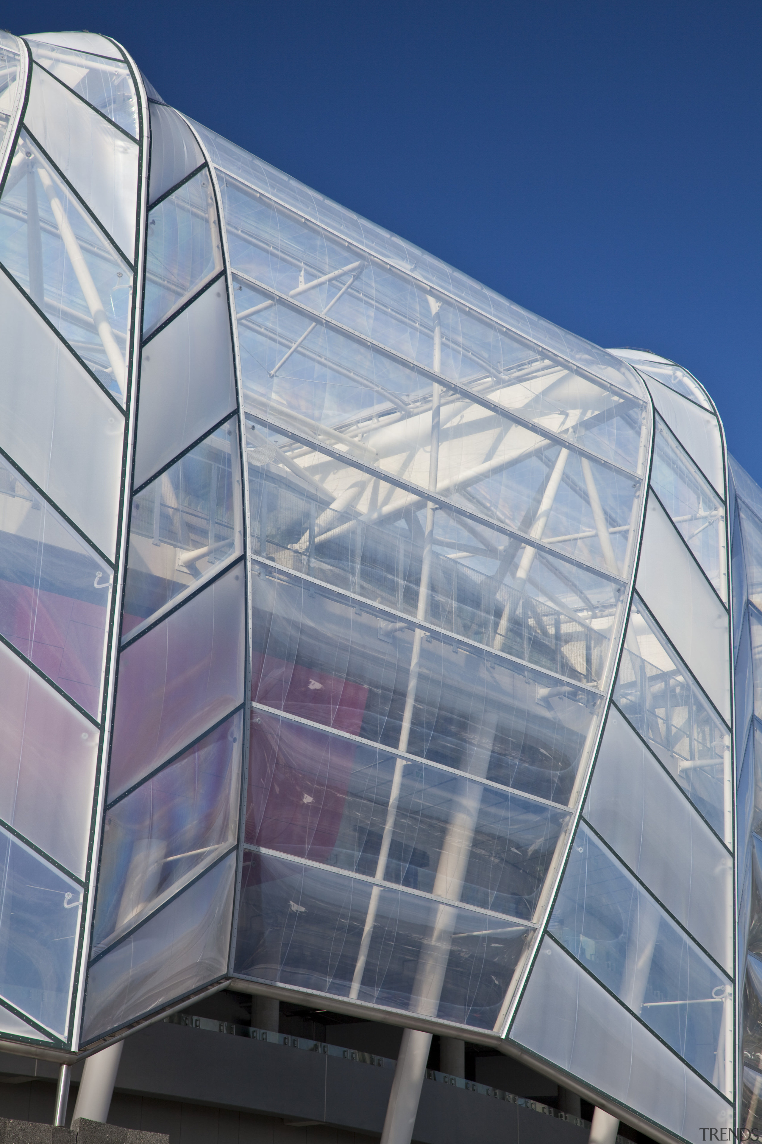 View of the ETFE canopy of Eden Park architecture, building, commercial building, corporate headquarters, daylighting, daytime, facade, headquarters, line, sky, structure, gray, blue