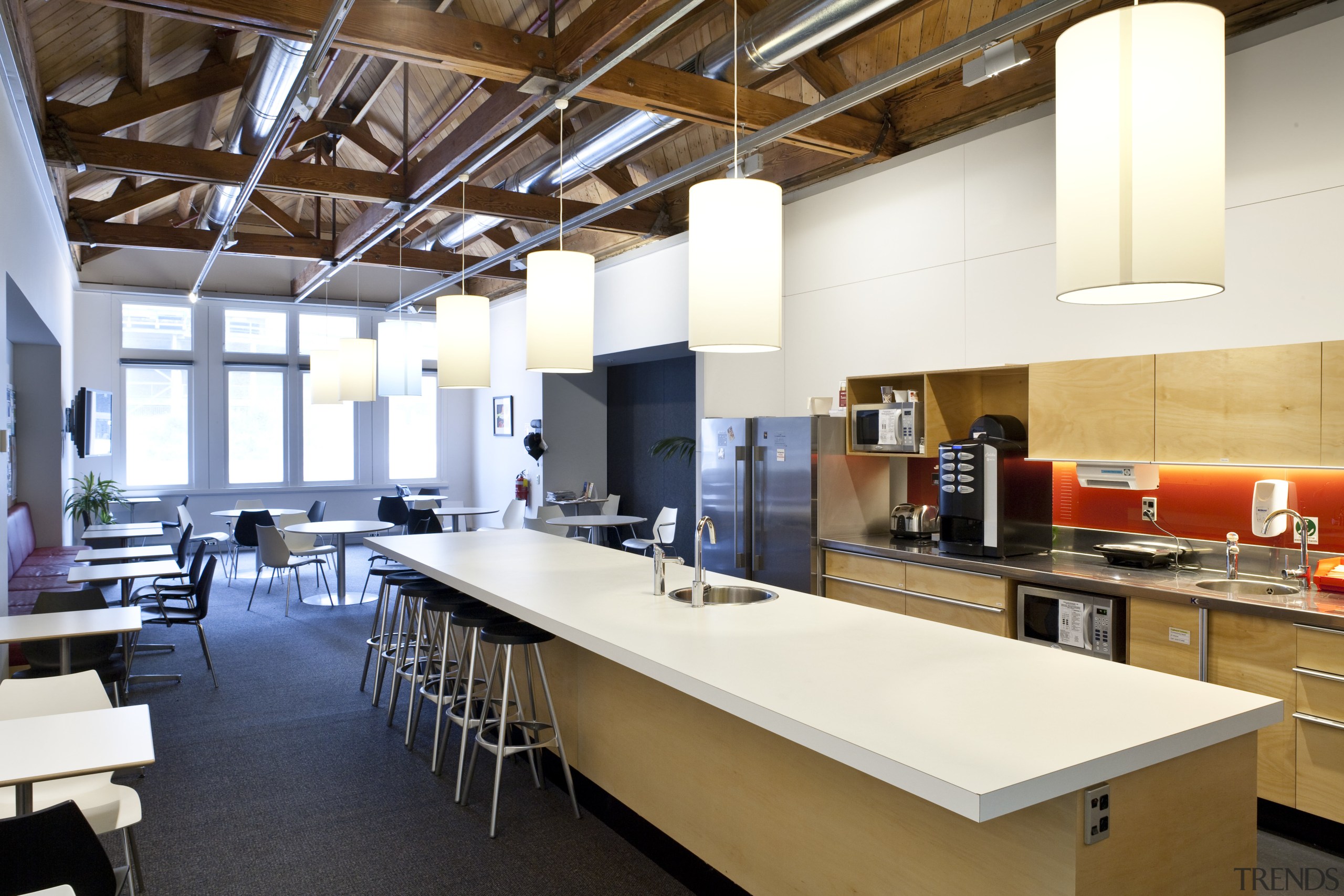 internal view of apartment tower above a landscaped ceiling, countertop, interior design, kitchen, white, brown