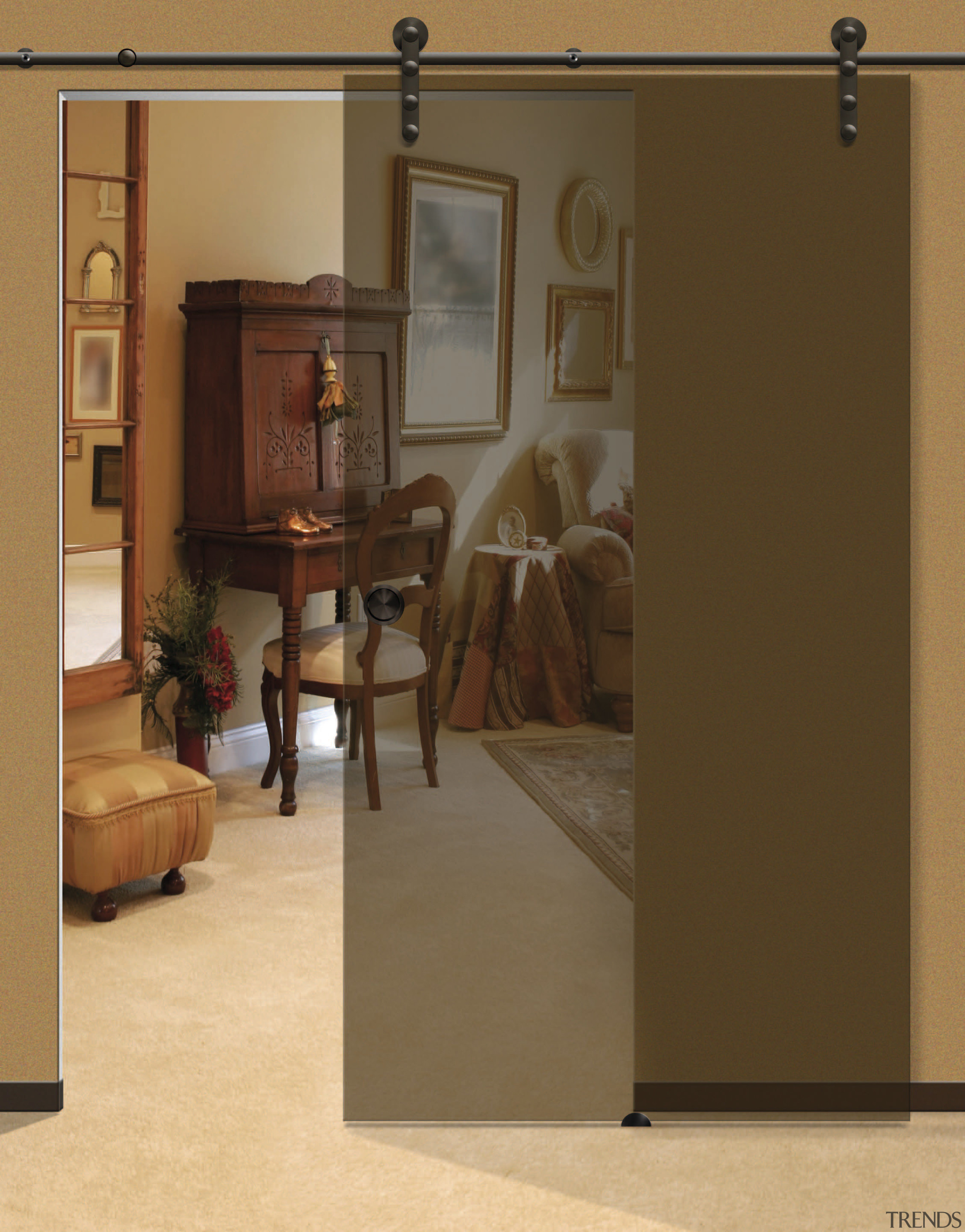 View of sliding doors from Amba Products. - door, floor, flooring, furniture, hardwood, interior design, laminate flooring, wood, wood flooring, brown, orange