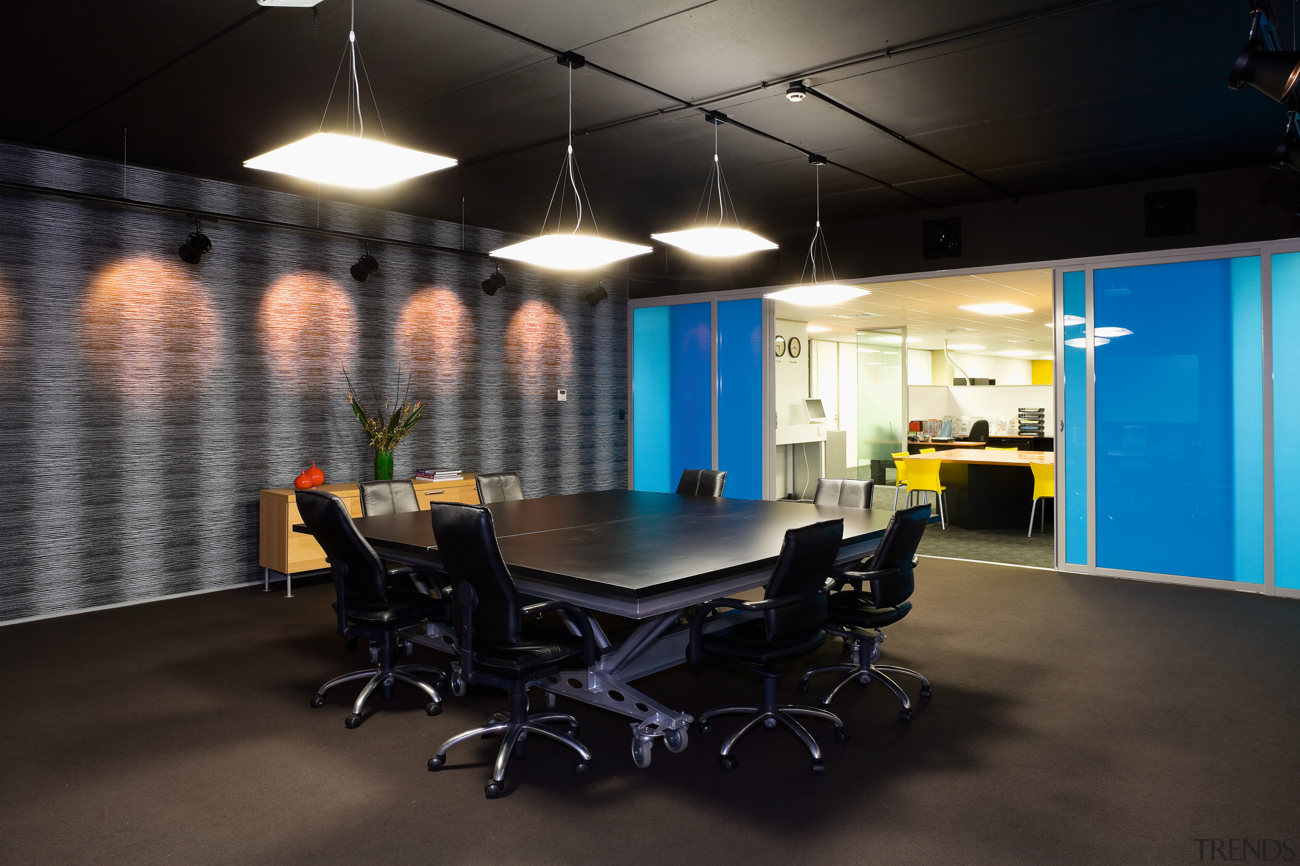 A view of the Trends Building. - A ceiling, interior design, office, black