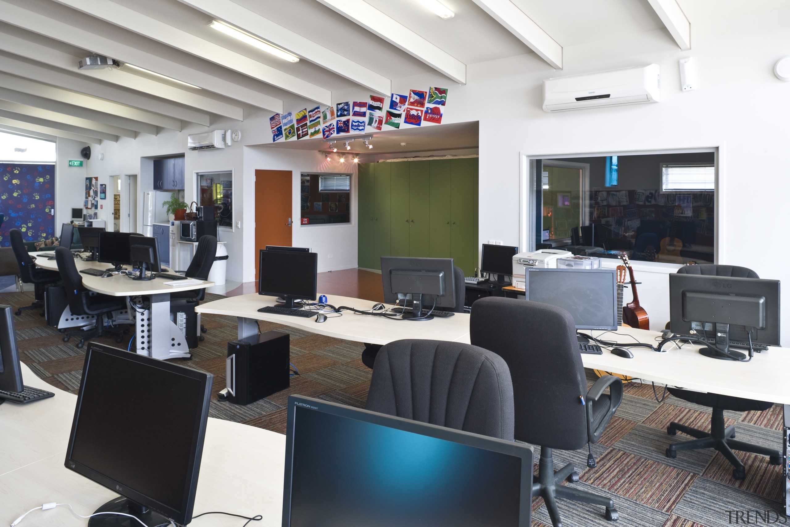 View of the computer room which features IT interior design, office, white, black