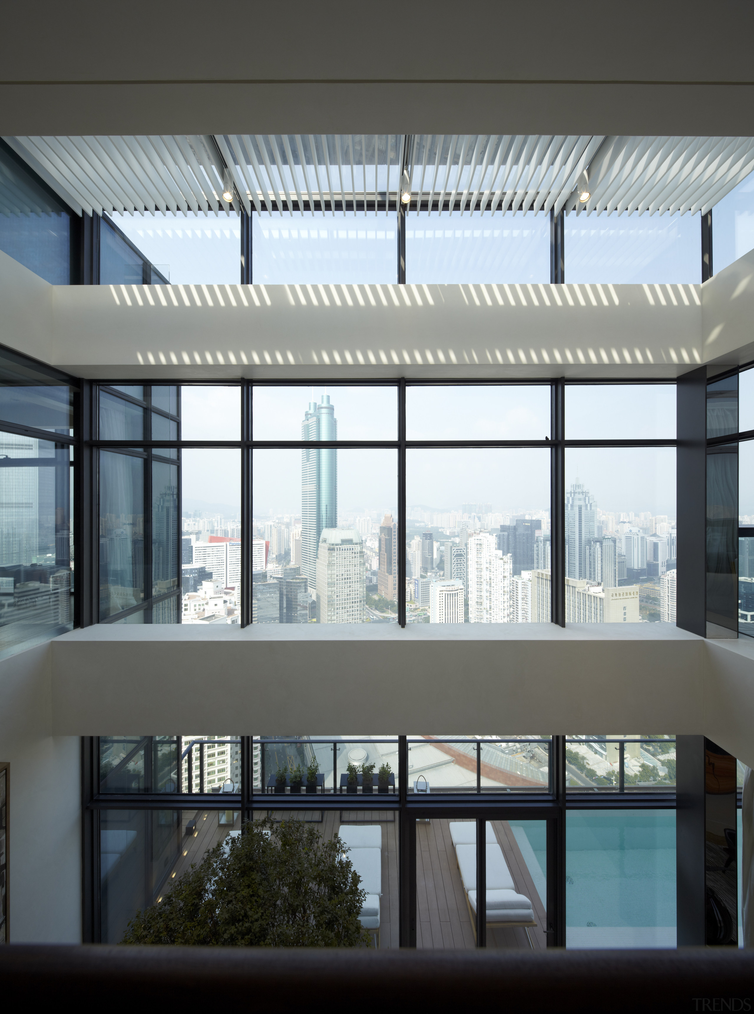 Interior view looking out to the pool and architecture, building, corporate headquarters, daylighting, daytime, glass, interior design, window, black, white