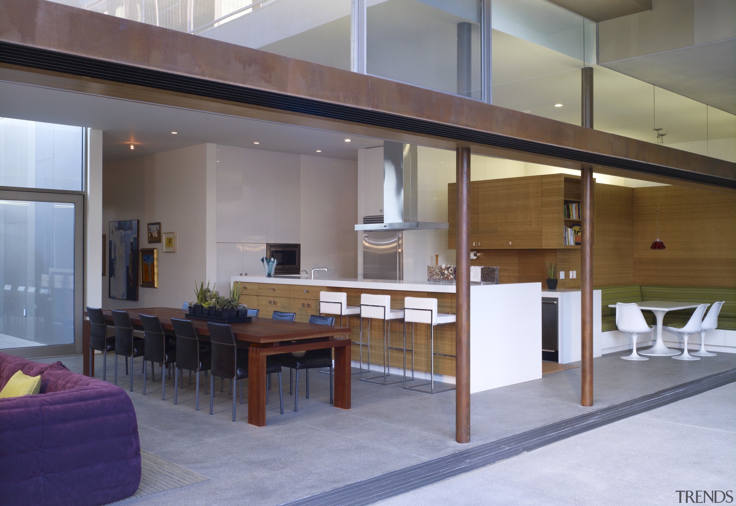 patio outside dining area, wooden beams open up furniture, interior design, lobby, real estate, table, gray