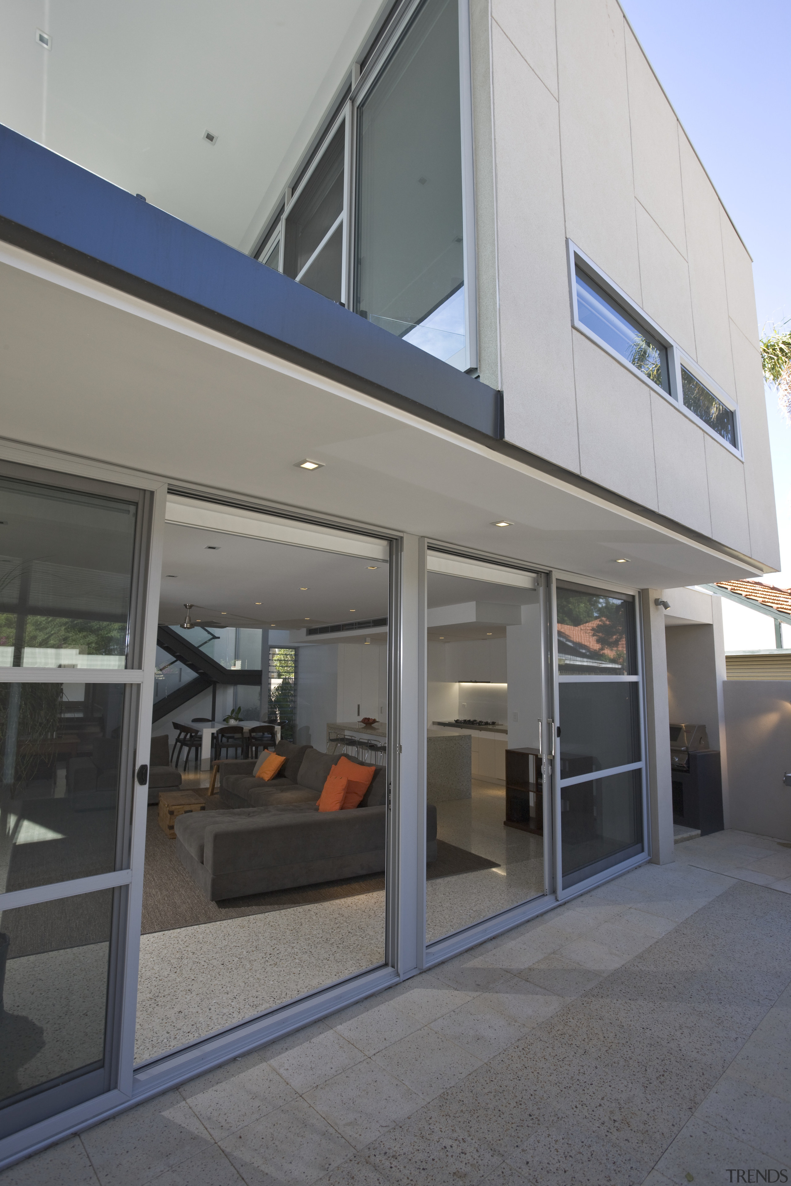 Entrance way of this modern home - Entrance architecture, building, door, facade, glass, house, real estate, window, gray