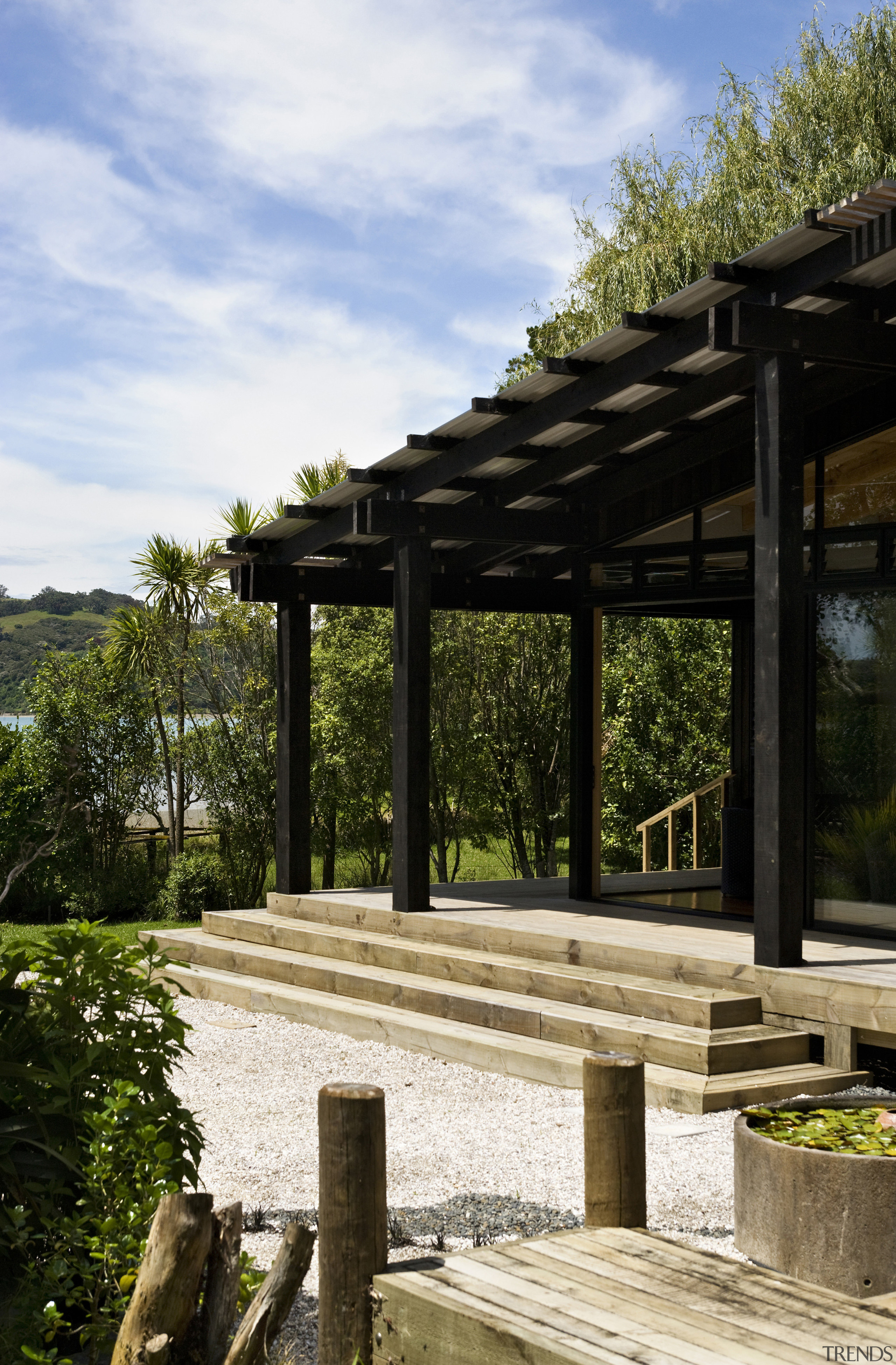 The timber for this house is treated with outdoor structure, pergola, sky, walkway, wood, white, black