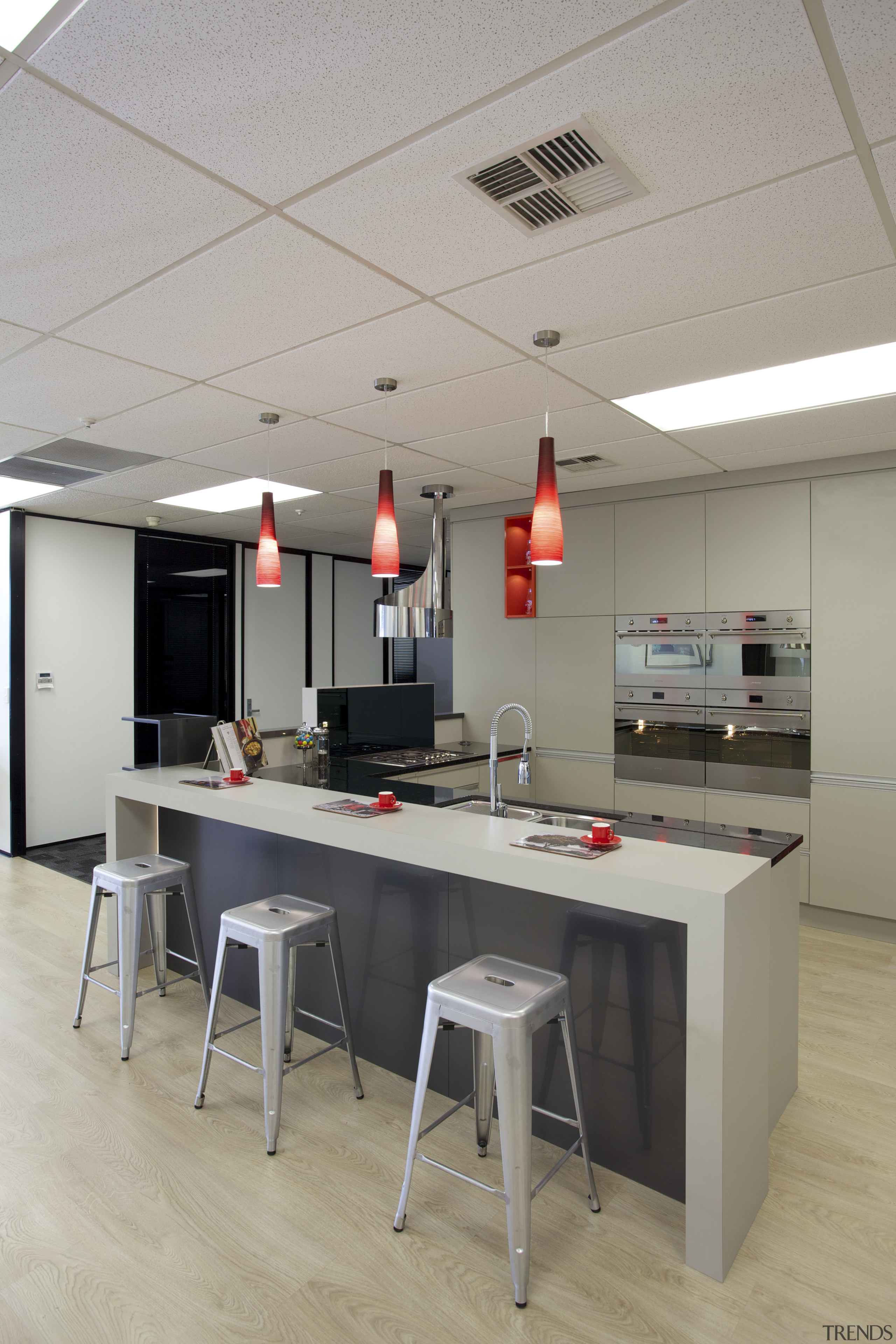 Smeg appliances in Inside Vision kitchen showroom - ceiling, floor, furniture, interior design, kitchen, office, product design, table, gray