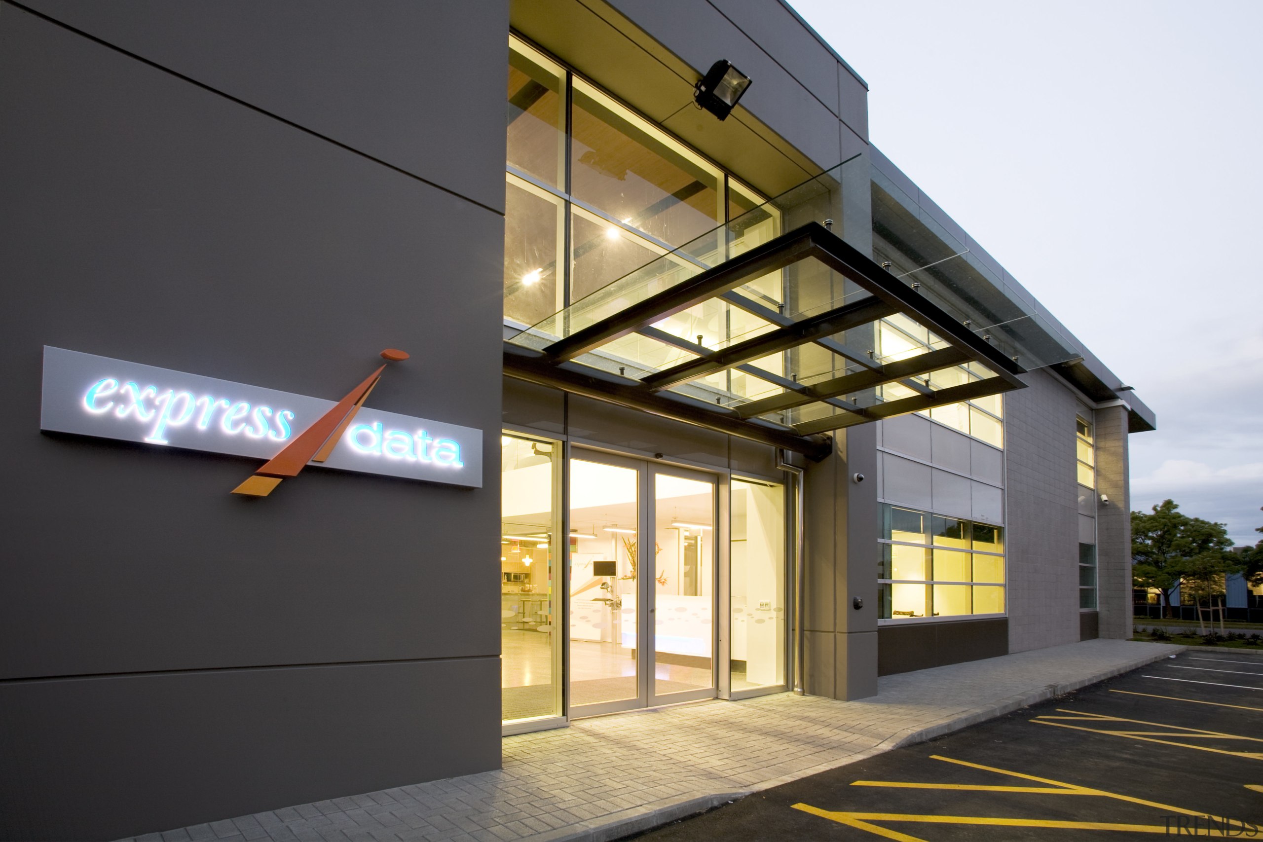 Exterior view of the Express Data offices where architecture, building, facade, real estate, black