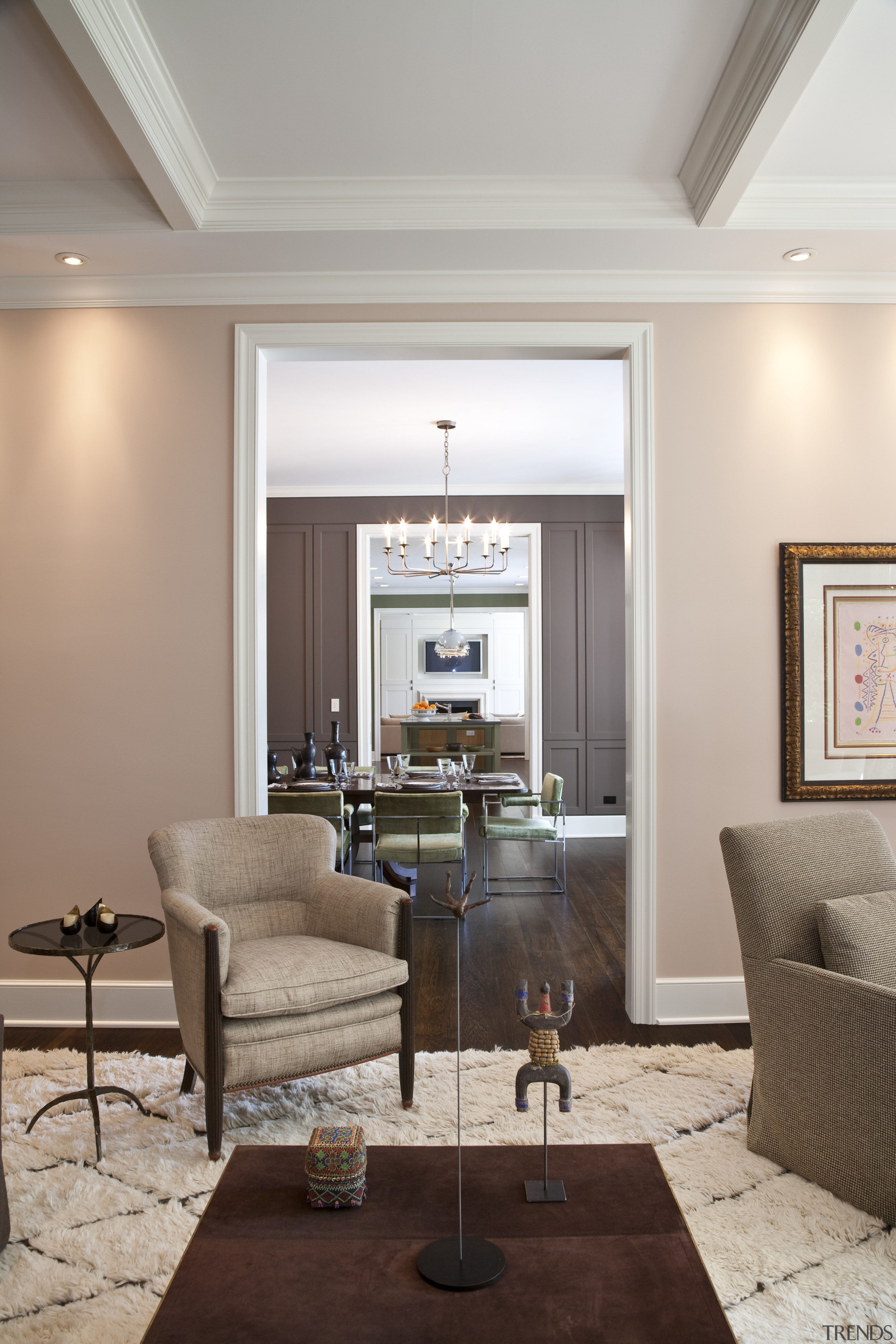 View of living area featuring wide plank Hickory ceiling, home, interior design, living room, room, table, gray