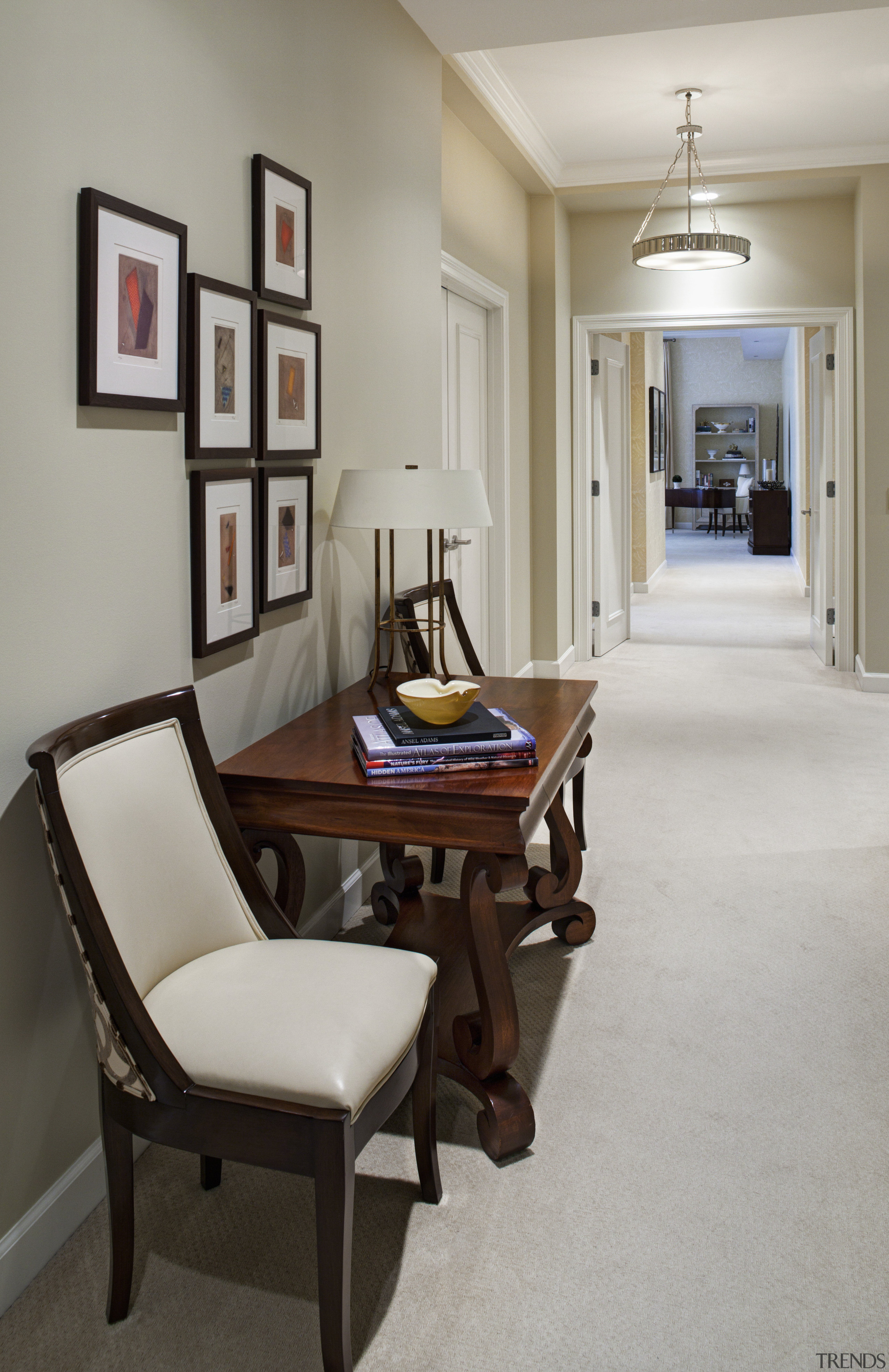 An elegant hall console in an office-apartment conversion chair, dining room, floor, flooring, furniture, home, interior design, living room, room, table, wall, gray