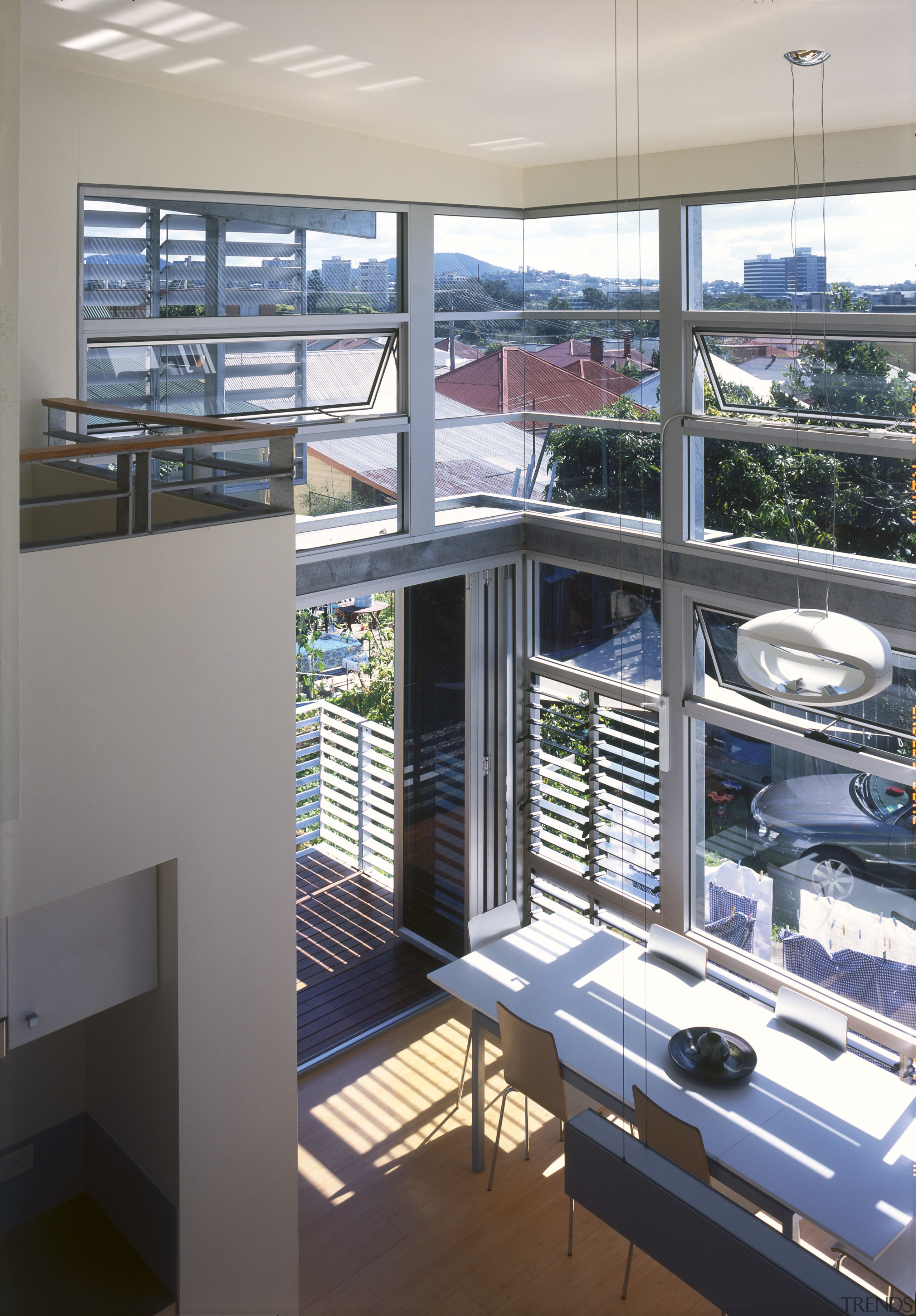 View of the main dining area featuring bamboo daylighting, glass, interior design, window, gray