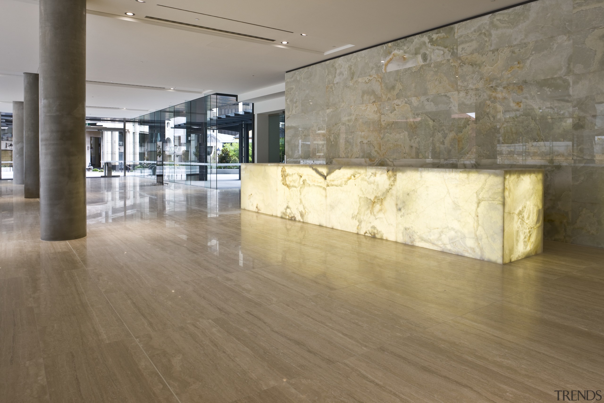 Interior view of the eco-friendly offices which were floor, flooring, hardwood, interior design, laminate flooring, lobby, tile, wood, wood flooring, brown, gray