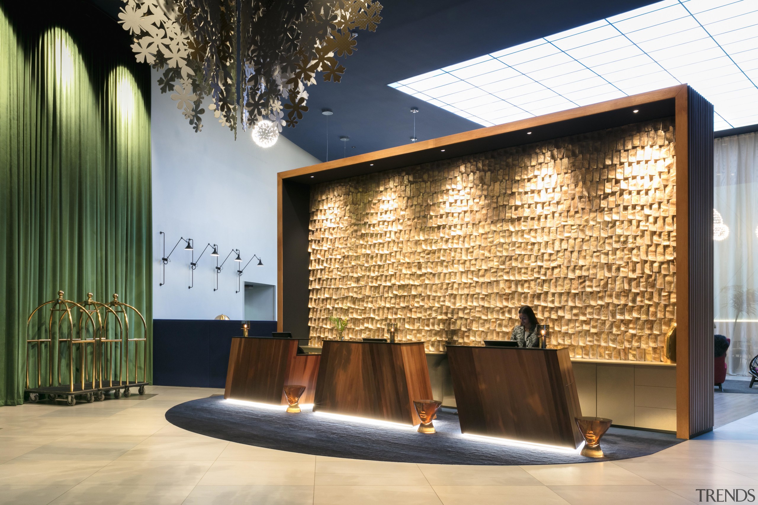 A wall of gold leaves – evoking the architecture, ceiling, facade, interior design, lobby, wall