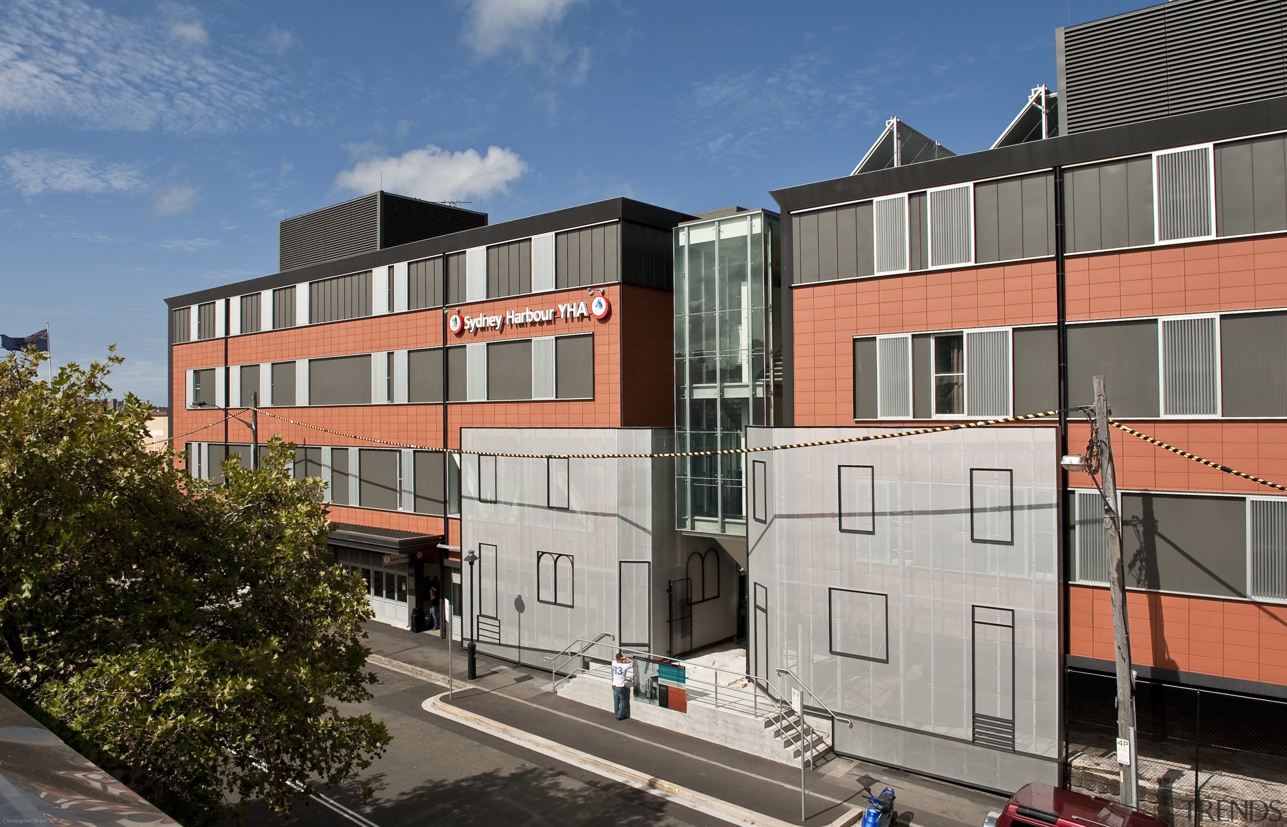 Exterior view of the Sydney Harbour YHA which apartment, architecture, building, city, commercial building, condominium, corporate headquarters, elevation, facade, home, house, metropolitan area, mixed use, neighbourhood, property, real estate, residential area, gray