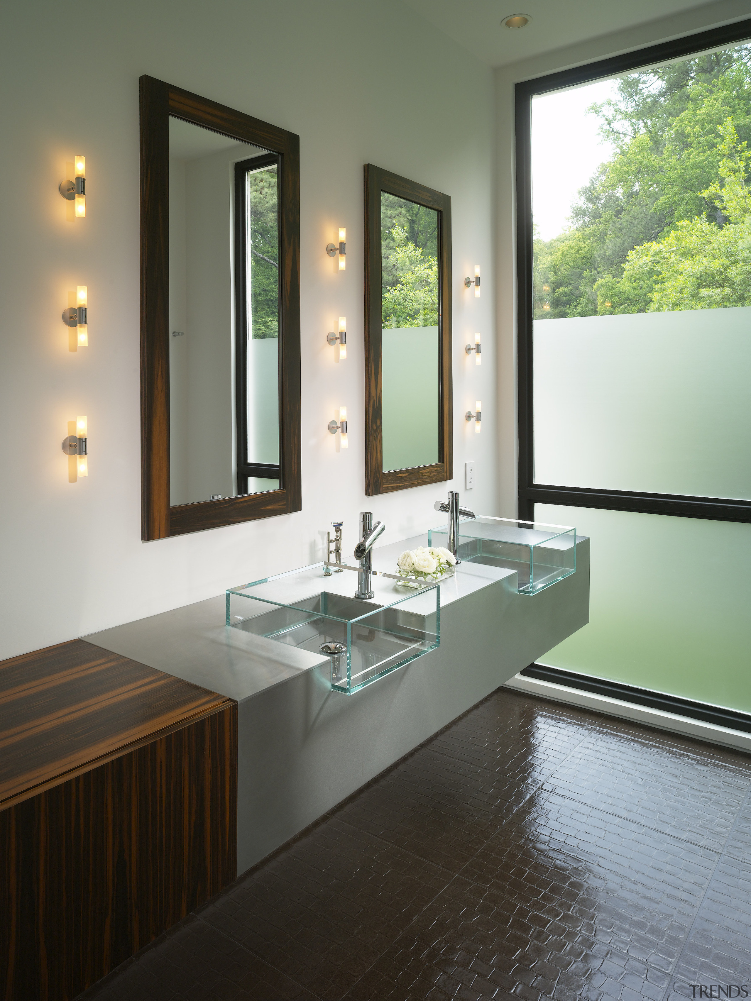 View of contemporary bathroom vanities and framed mirrors bathroom, countertop, interior design, room, sink, window, gray, black