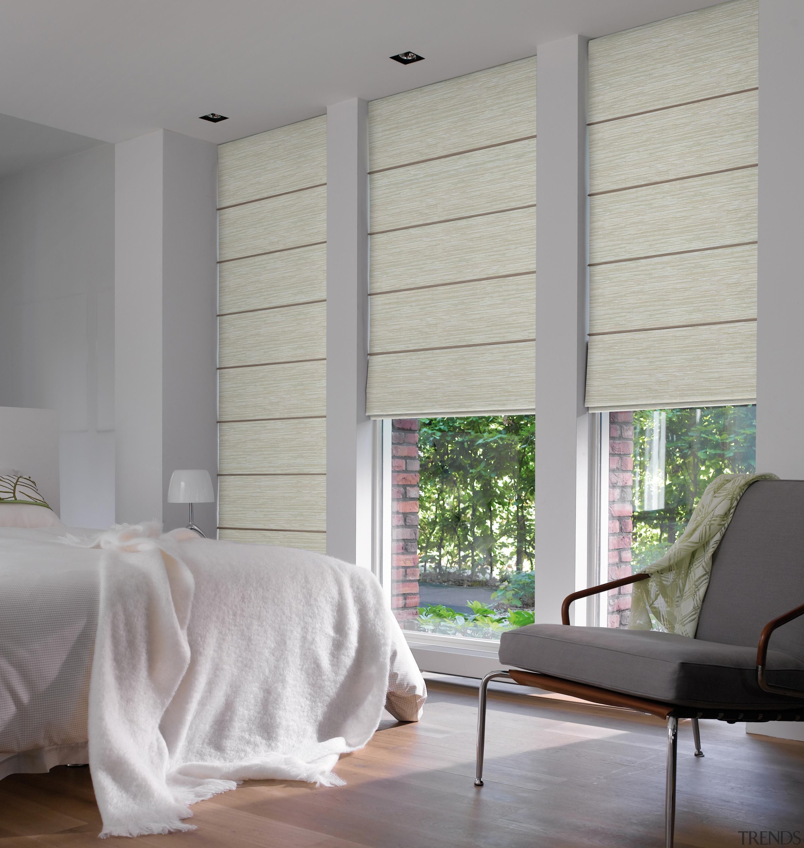 luxaflex roman shades - luxaflex roman shades - bed frame, ceiling, curtain, decor, floor, home, interior design, shade, textile, window, window blind, window covering, window treatment, wood, gray