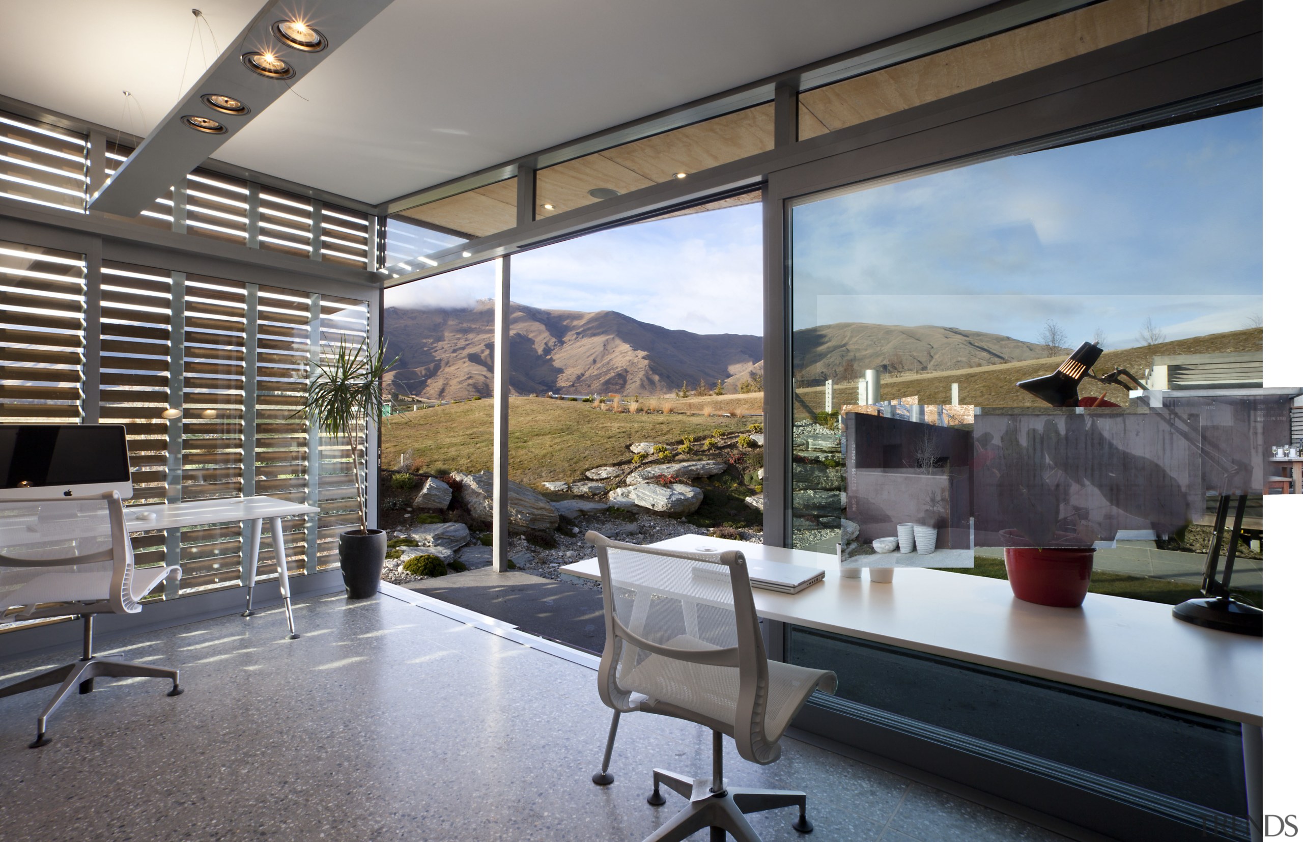 This home was designed by architect Nick Karlovsky. architecture, ceiling, home, house, interior design, living room, property, real estate, window, gray