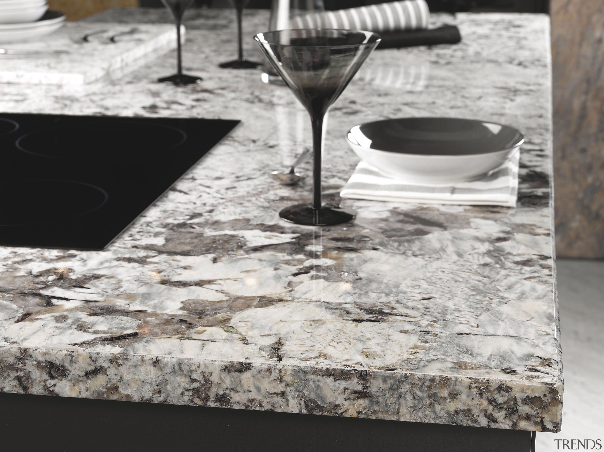 View of a kitchen designed by Mal Corboy material, table, tablecloth, tableware, white, gray