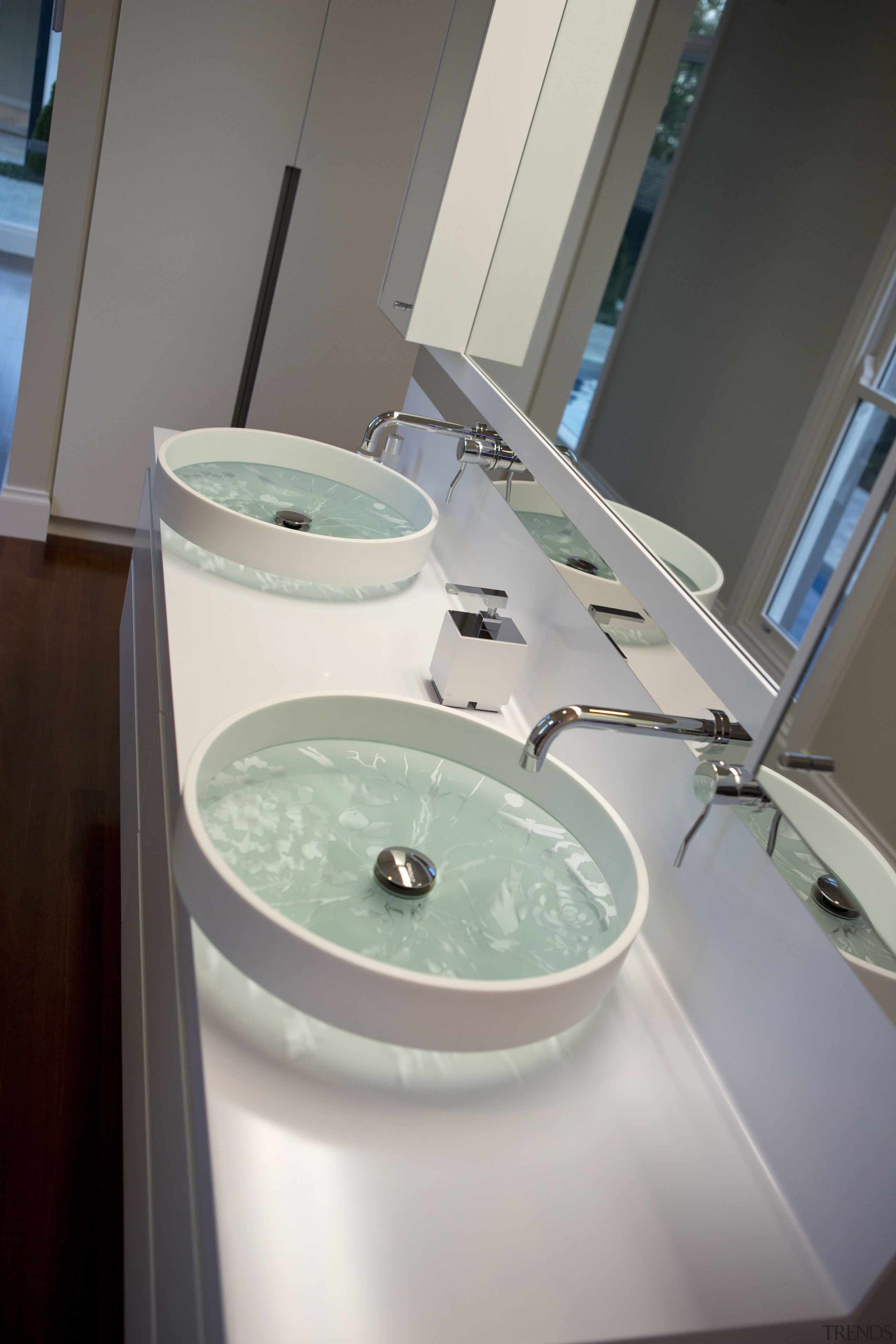 Vessel basins in HIA bathroom of the year bathroom, bidet, glass, plumbing fixture, product design, room, sink, tap, toilet seat, gray