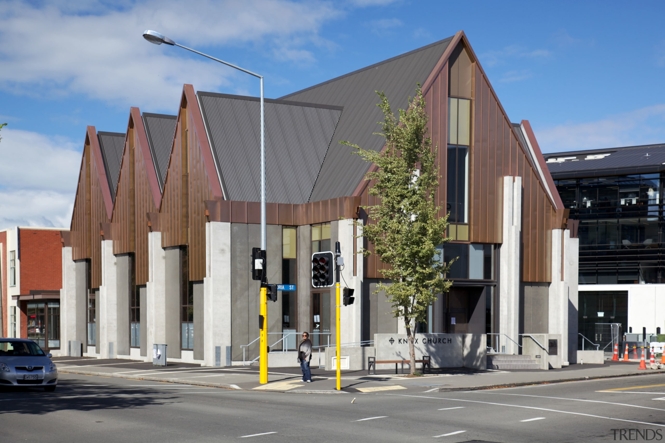 Knox Church was clad in standing seam copper architecture, building, commercial building, facade, house, mixed use, neighbourhood, property, real estate, residential area, gray, teal
