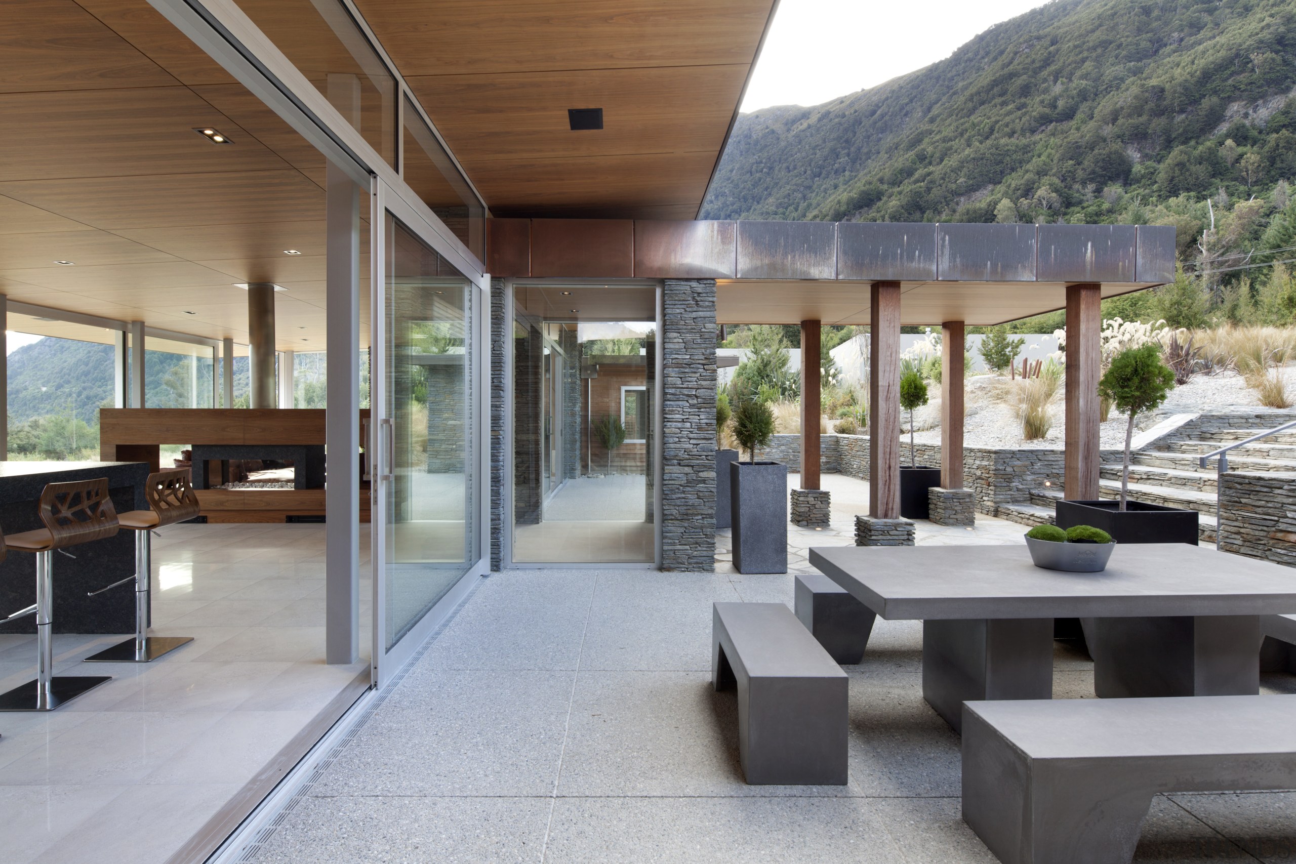 Patio of transparent contemporary new home - Patio architecture, house, interior design, real estate, gray