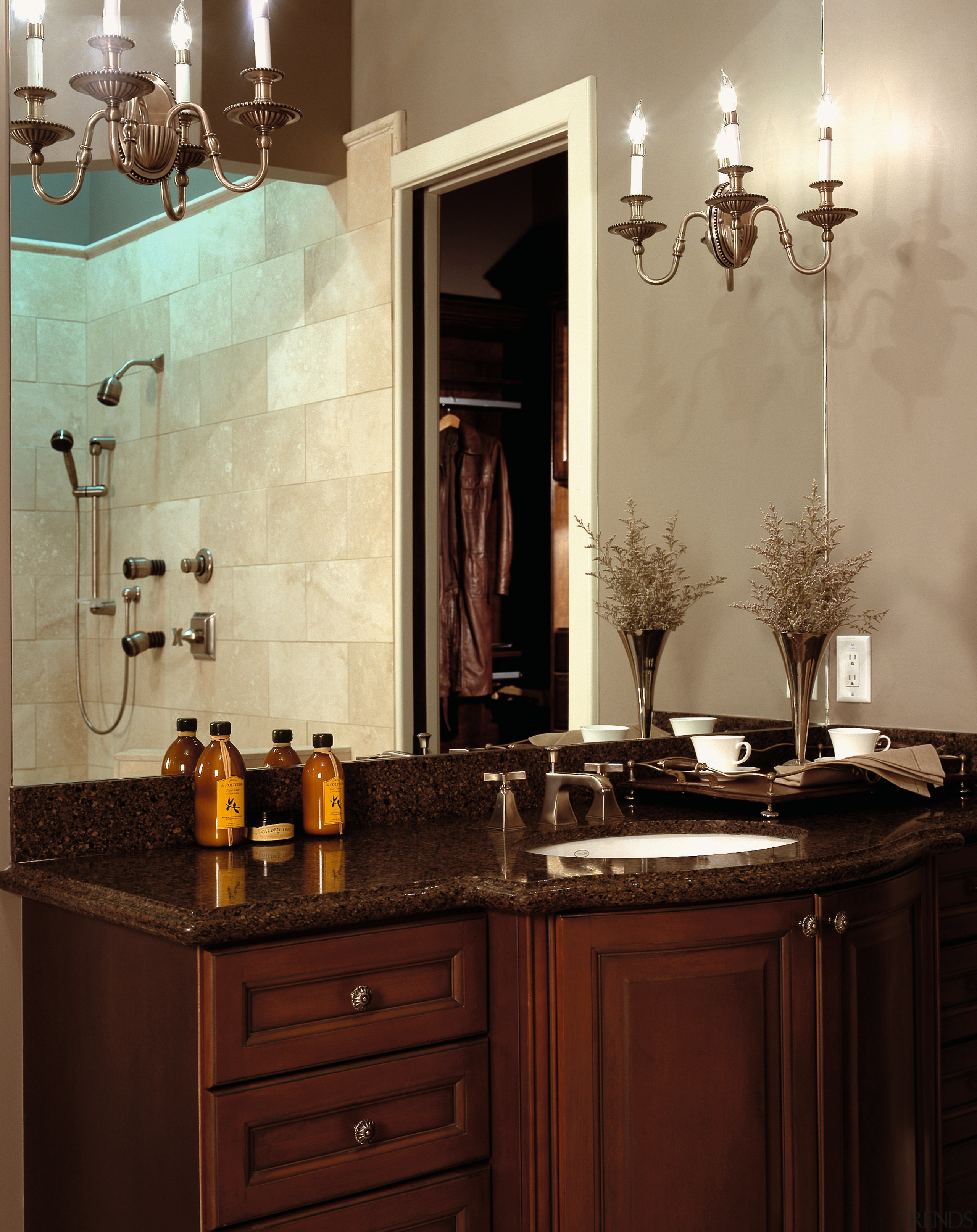 view of this darkwood vanity with a silestone bathroom, bathroom accessory, bathroom cabinet, cabinetry, countertop, home, interior design, room, sink, red