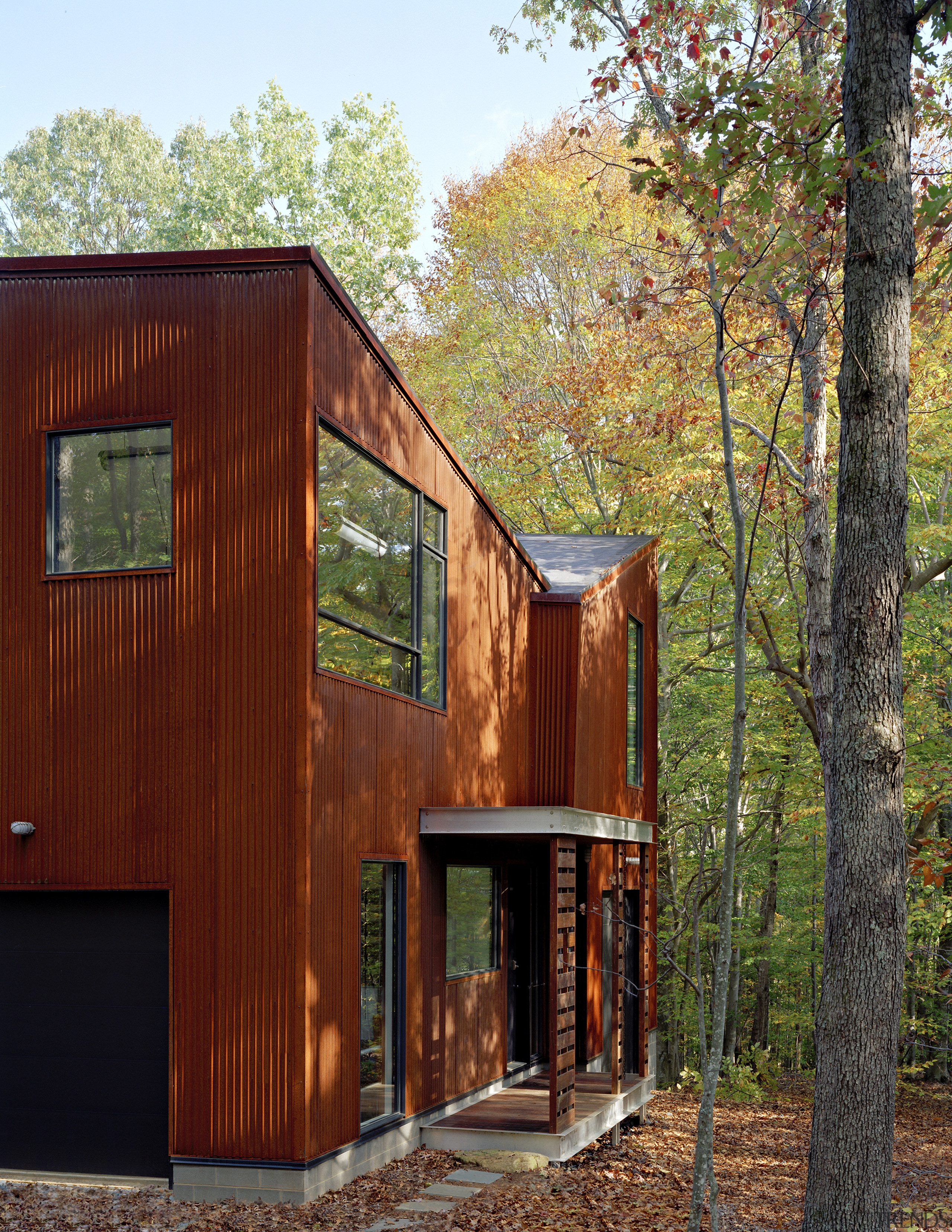 Exterior view of this contemporary remodeled home - architecture, cottage, facade, home, house, log cabin, real estate, shed, siding, tree, wood, red