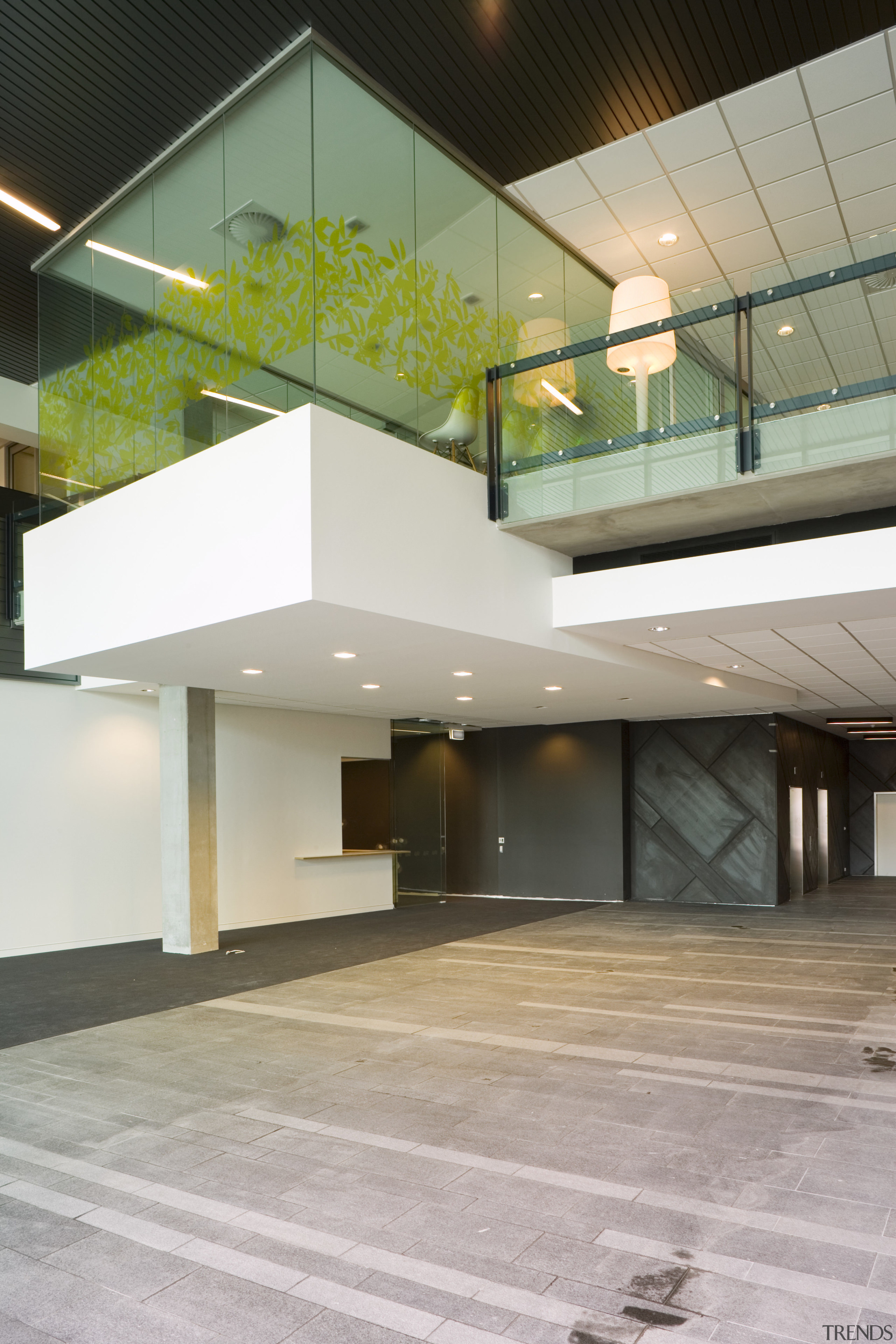 An interior view of the office building  architecture, ceiling, daylighting, floor, glass, house, interior design, lobby, gray