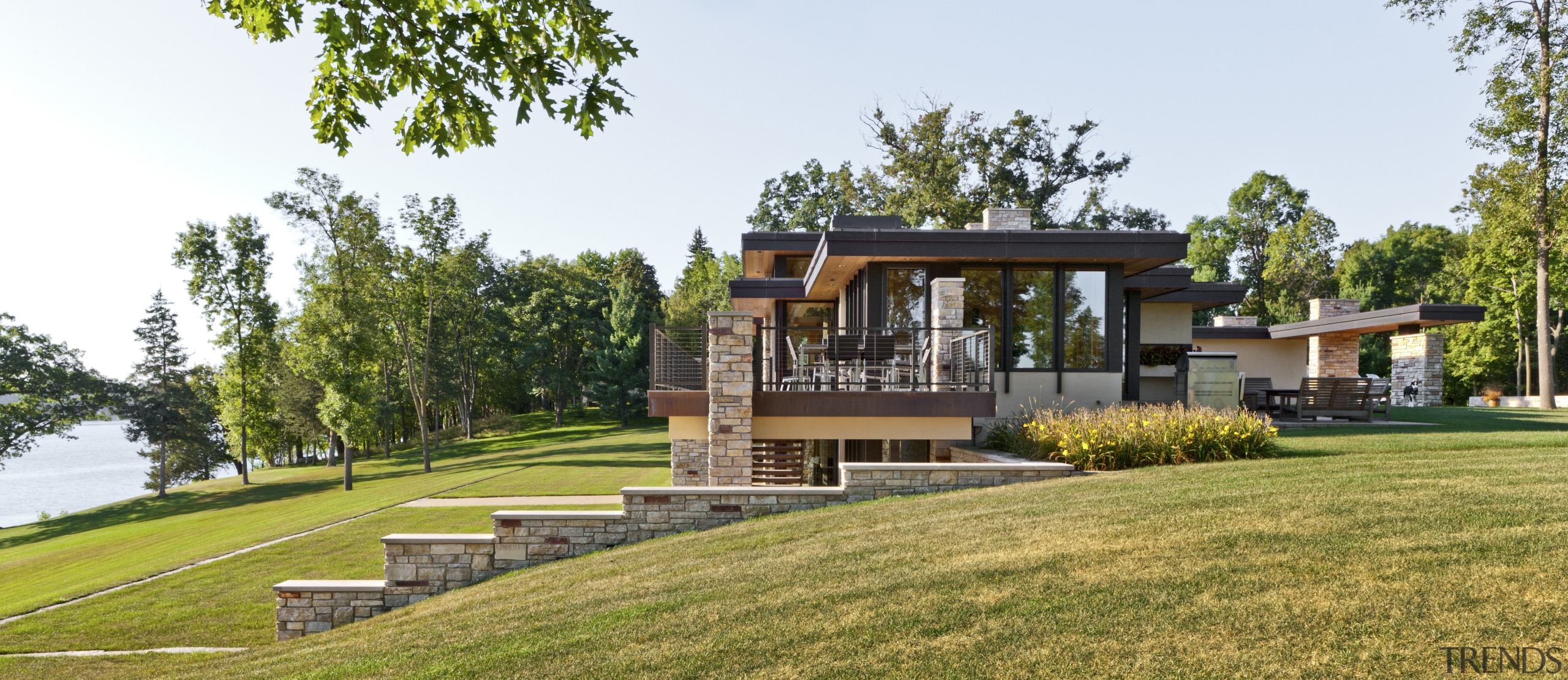 exterior of house, lawn and stone stairs leading architecture, cottage, estate, farmhouse, grass, home, house, landscape, property, real estate, white, brown