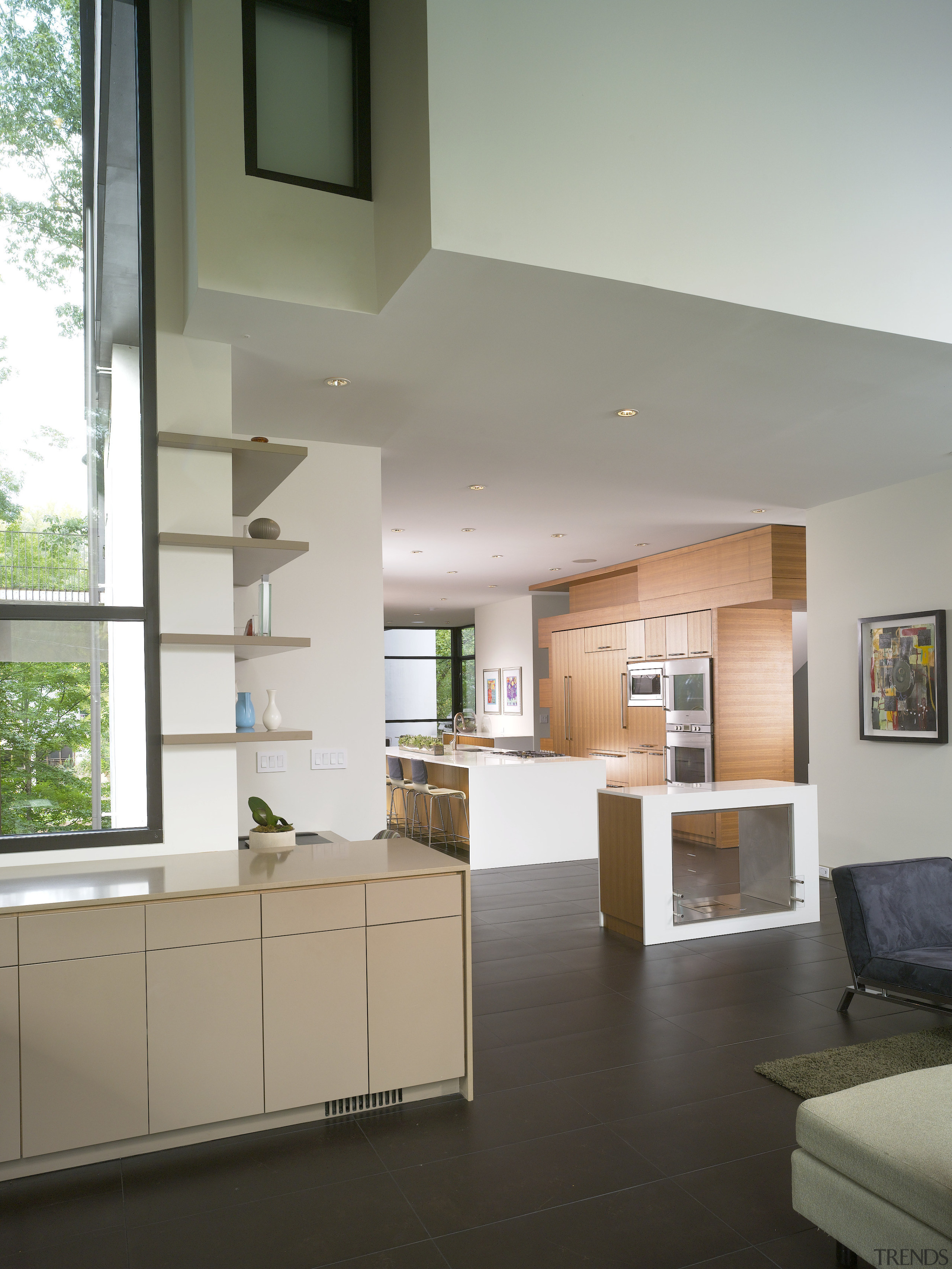 View of storage and shelving in living area architecture, ceiling, daylighting, floor, house, interior design, kitchen, living room, real estate, gray