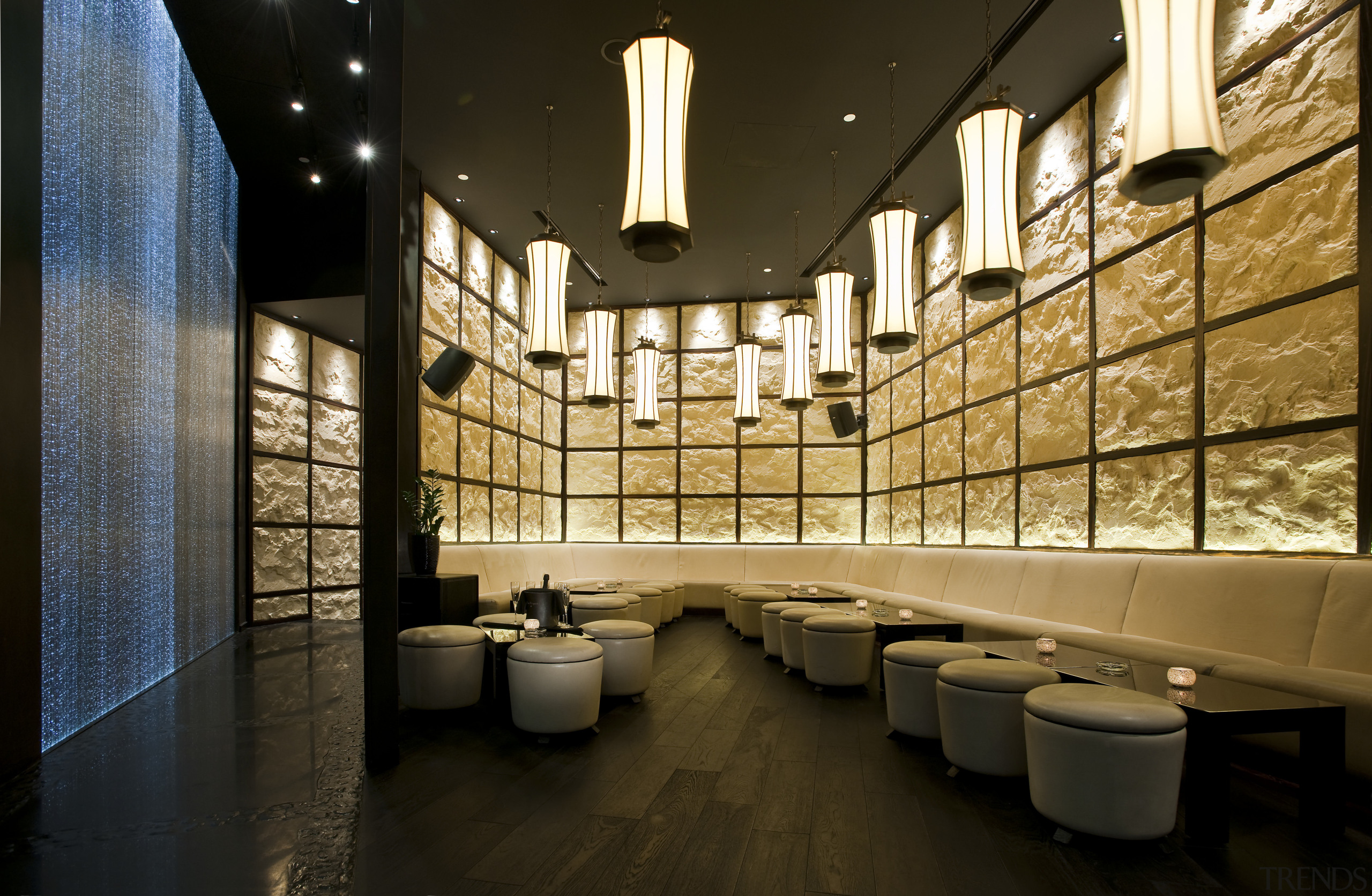 View of Okku Japanese Restaurant in the Monarch interior design, lobby, brown, black