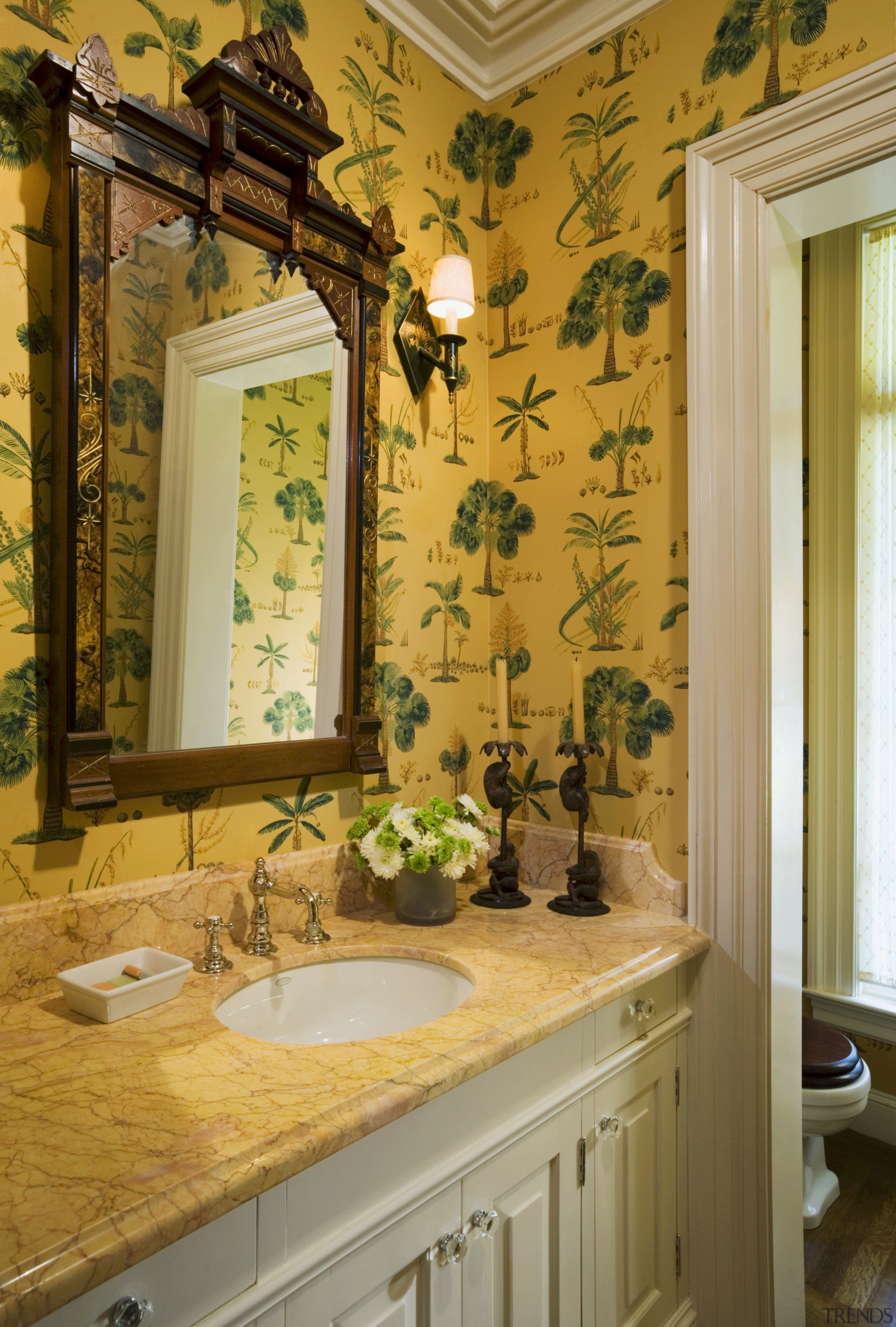 A view of the powder room, wooden vanity, bathroom, ceiling, estate, home, interior design, real estate, room, wall, window, yellow, orange, brown