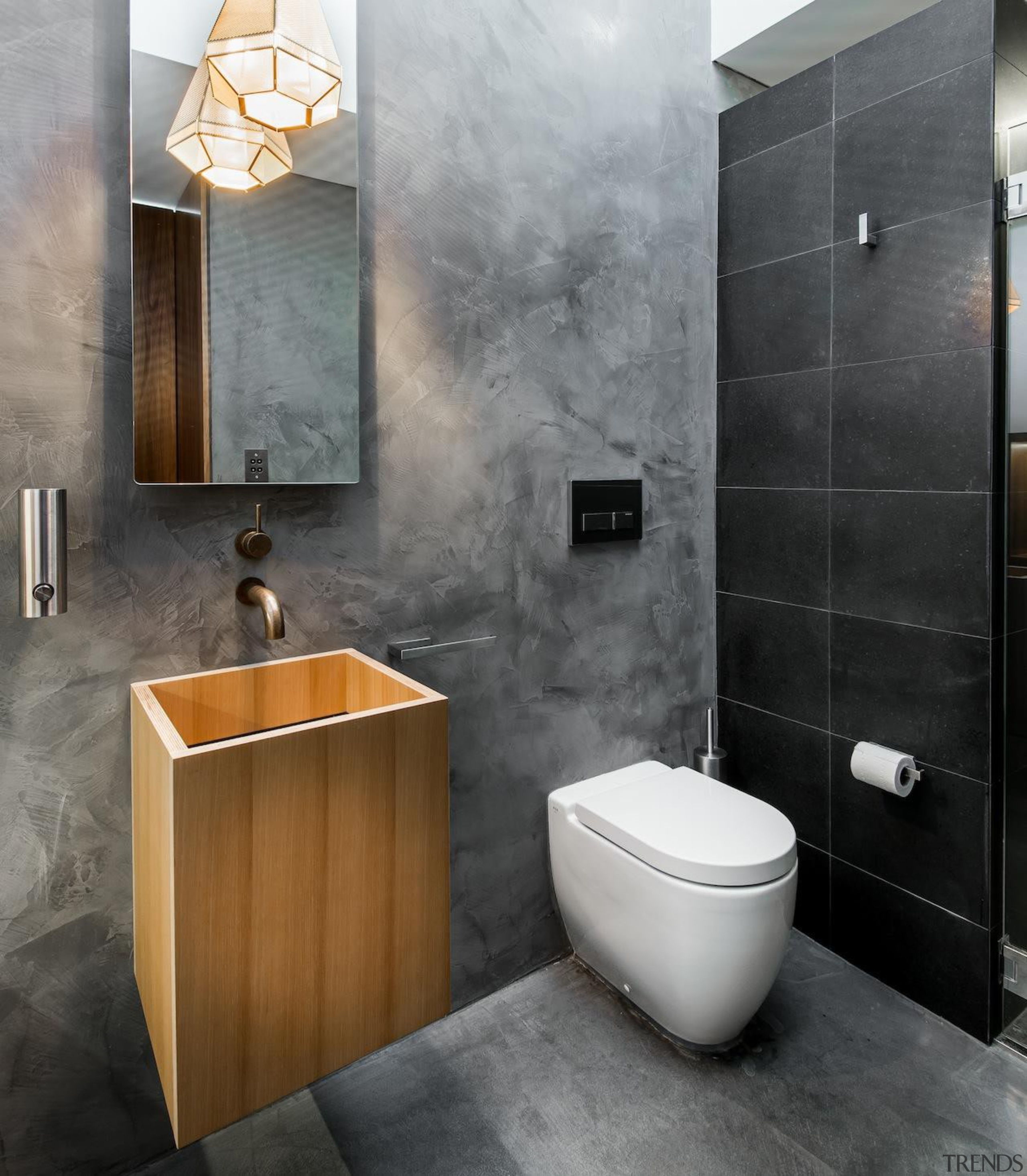 Chinsarsi Architects – Finalist - 2015 Trends International bathroom, bathroom accessory, bathroom cabinet, ceramic, floor, interior design, plumbing fixture, product design, sink, tap, tile, toilet, wall, gray, black