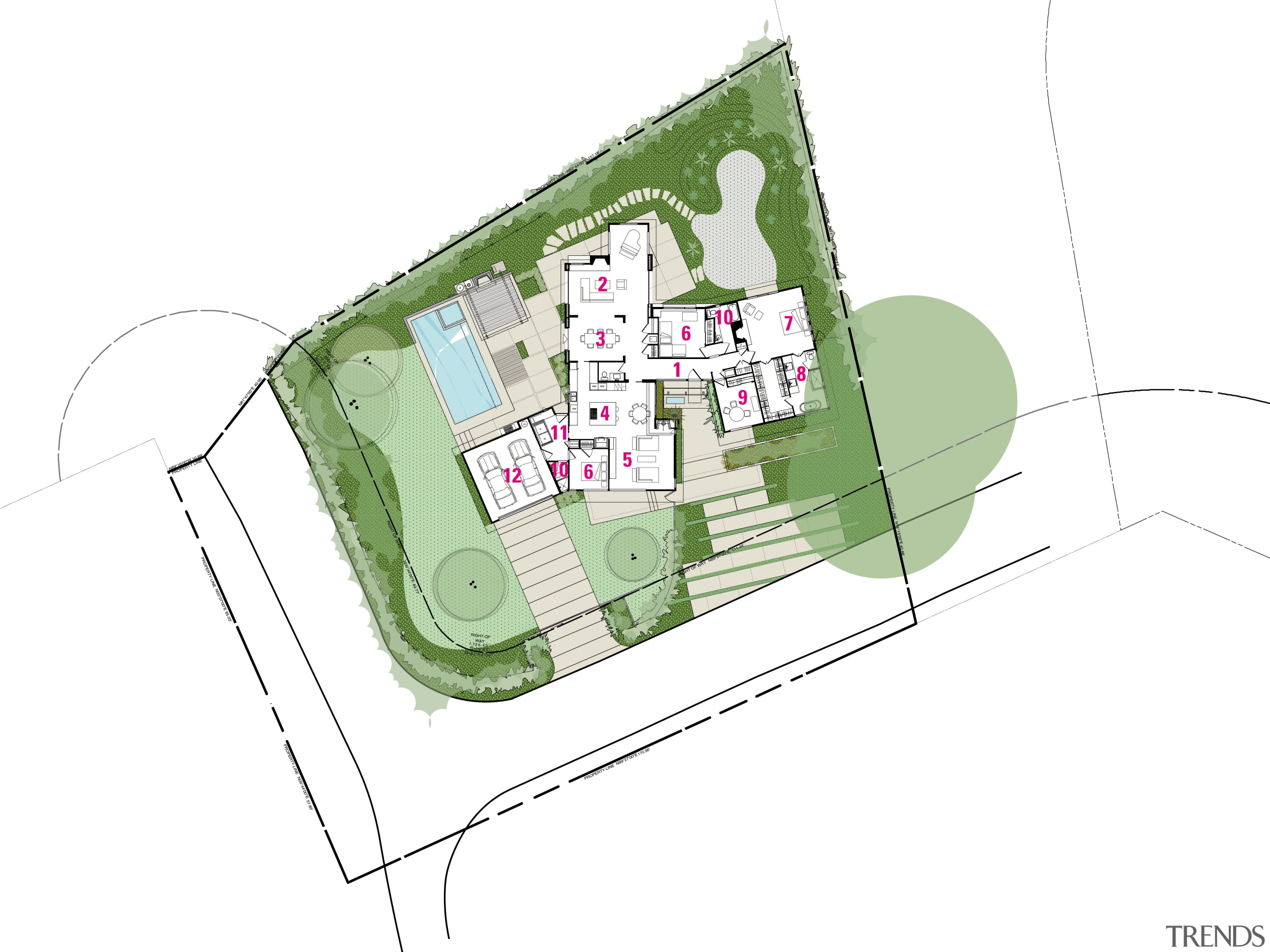 View of a house with landscaped forecourt, pool area, diagram, plan, product design, urban design, white