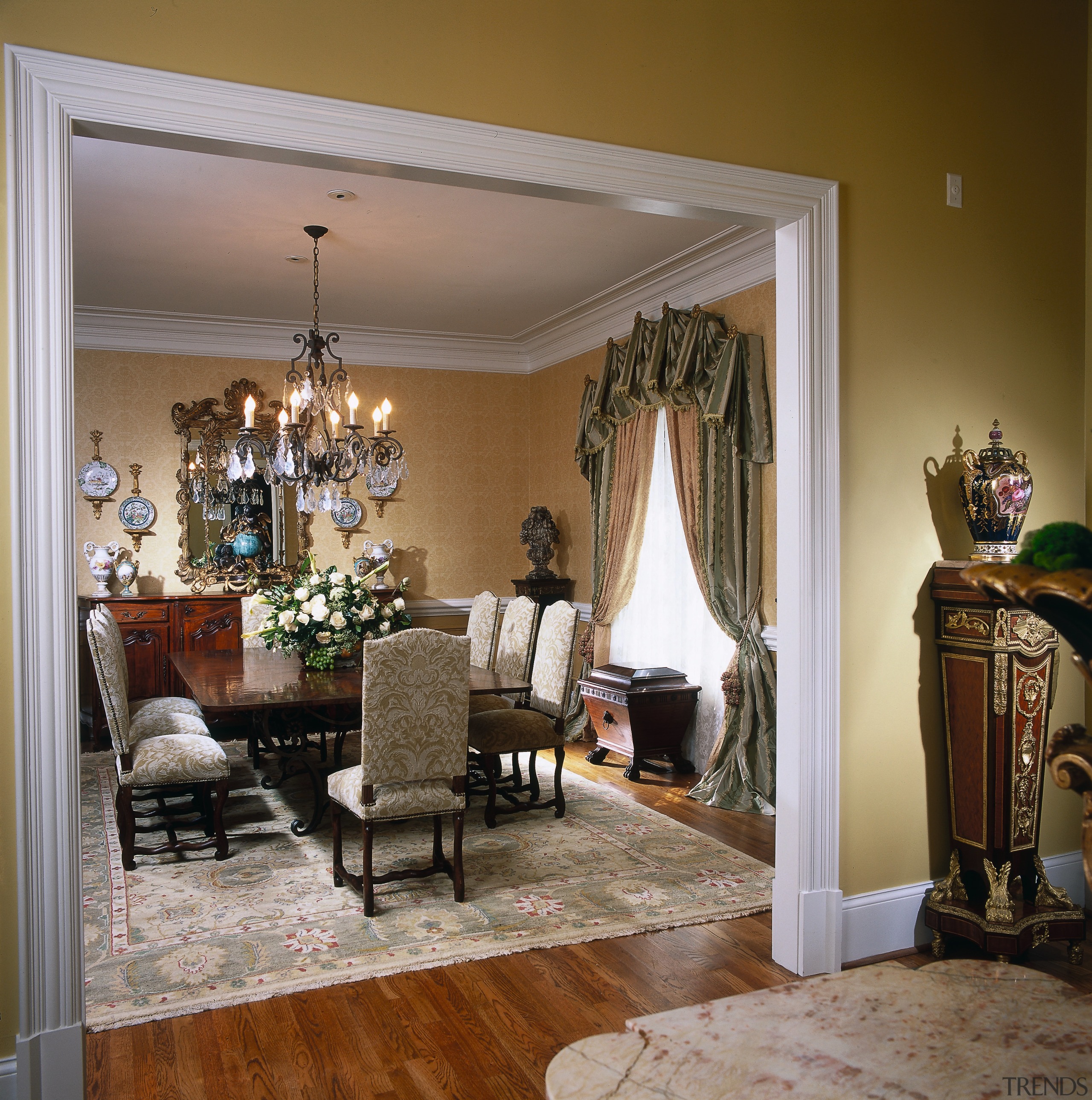 A view of the dining room wooden flooring ceiling, decor, dining room, furniture, home, interior design, living room, room, table, window, brown, gray