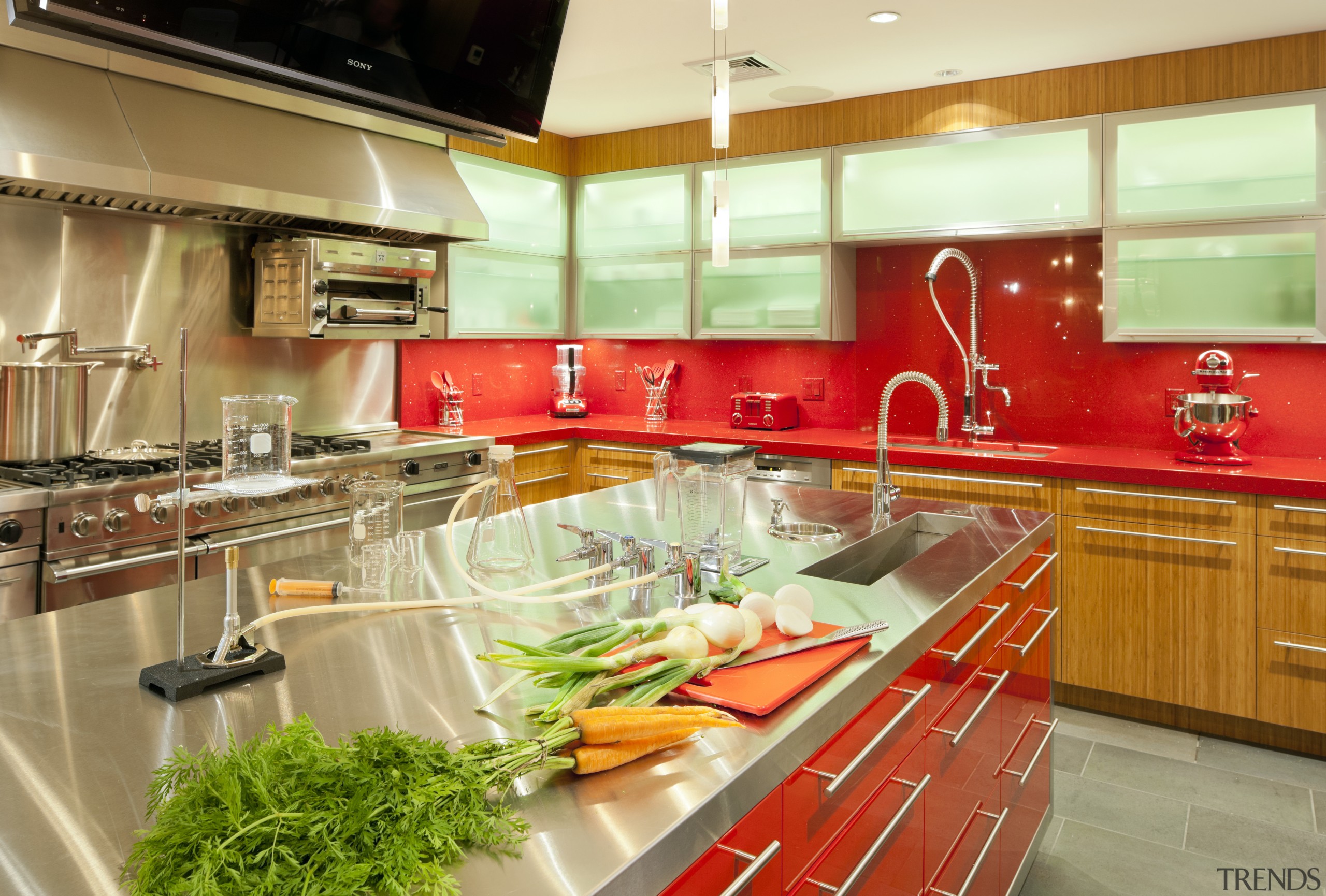 This new kitchen resembles a science laboratory  countertop, interior design, kitchen, orange