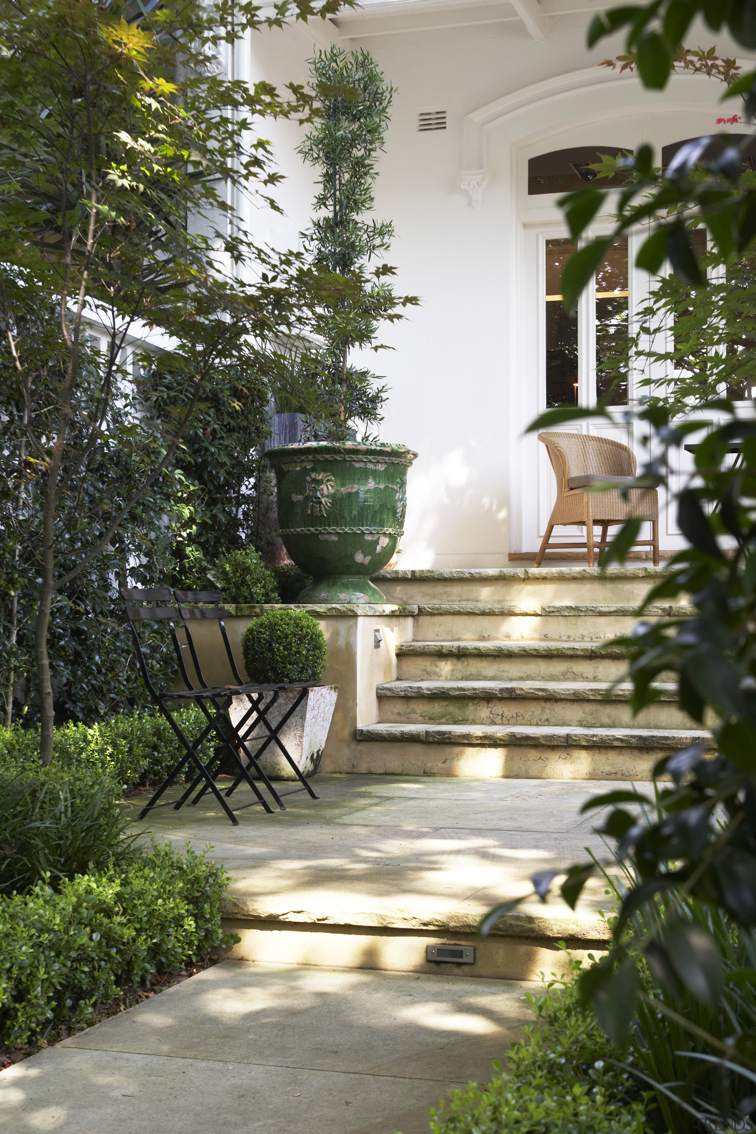 outdoor view of entrance way showing stairs leading backyard, courtyard, estate, garden, home, house, landscaping, outdoor structure, patio, porch, property, real estate, walkway, yard, brown, gray