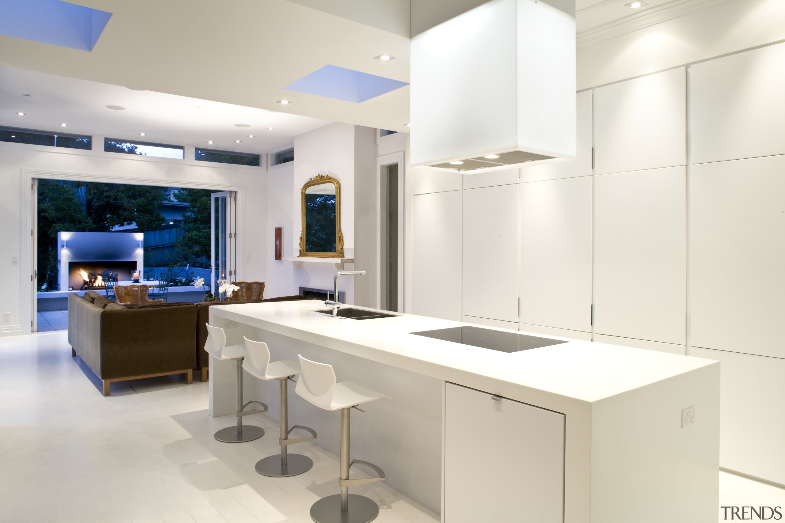 View of kitchen which features a kitchen island countertop, interior design, kitchen, product design, room, white