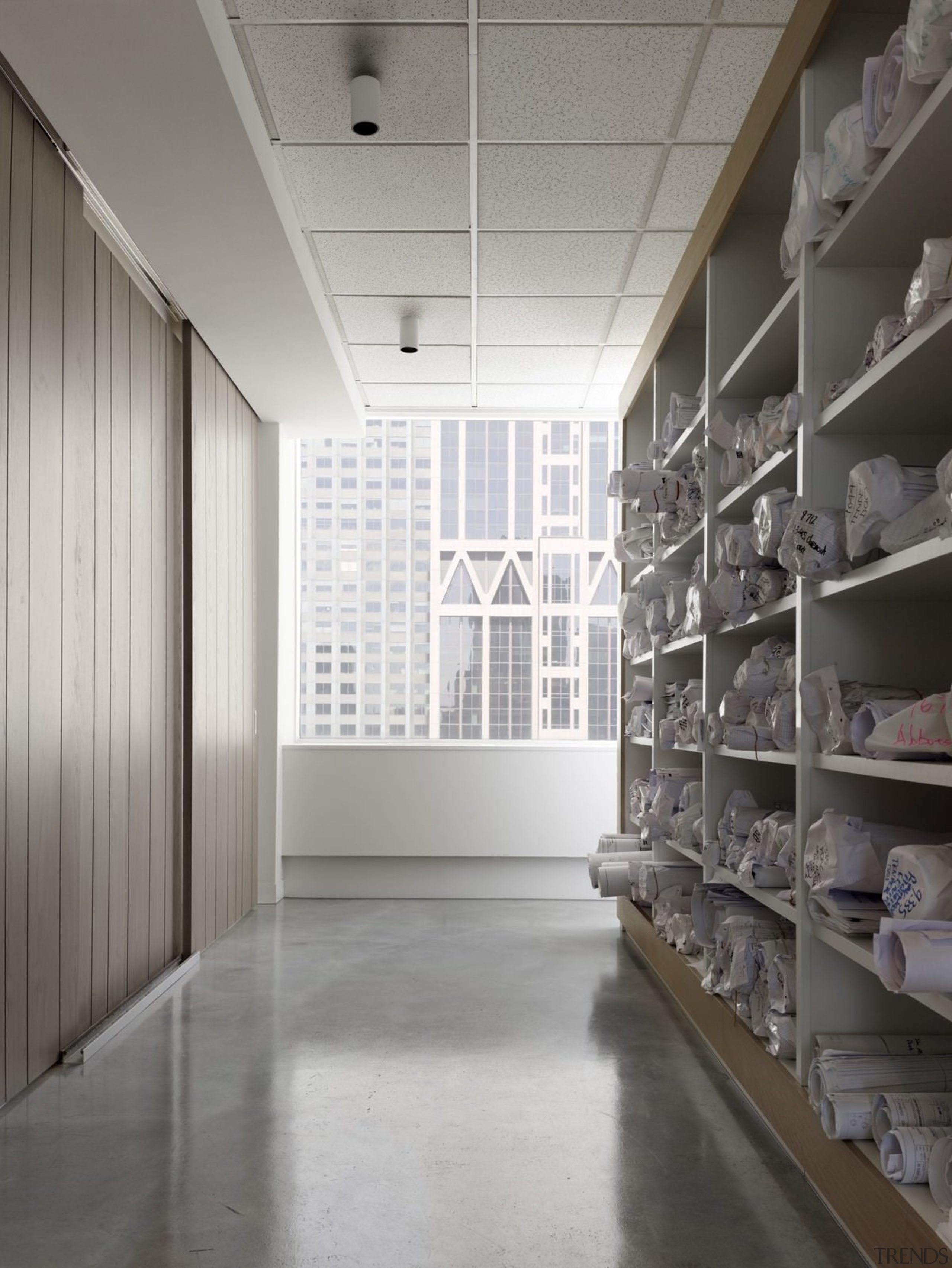 There's ample room for Slattery to store surveying architecture, ceiling, daylighting, floor, flooring, interior design, lobby, gray