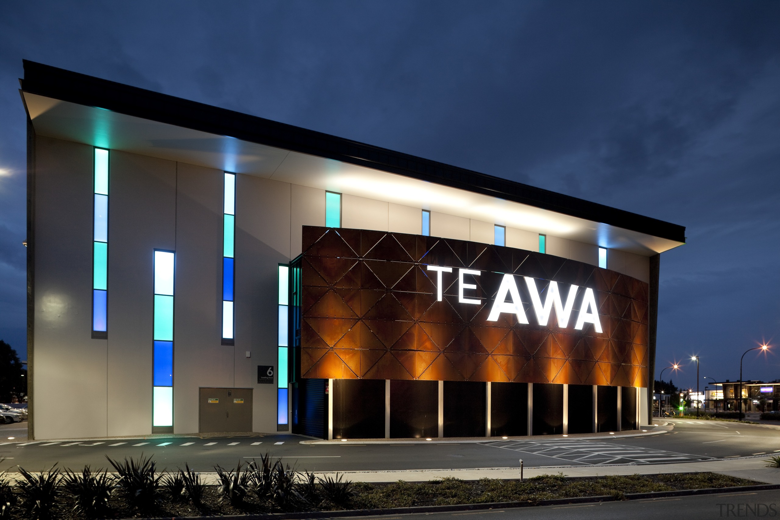 Exterior view of mall at night. - Exterior architecture, building, corporate headquarters, facade, lighting, night, sky, structure, black, blue