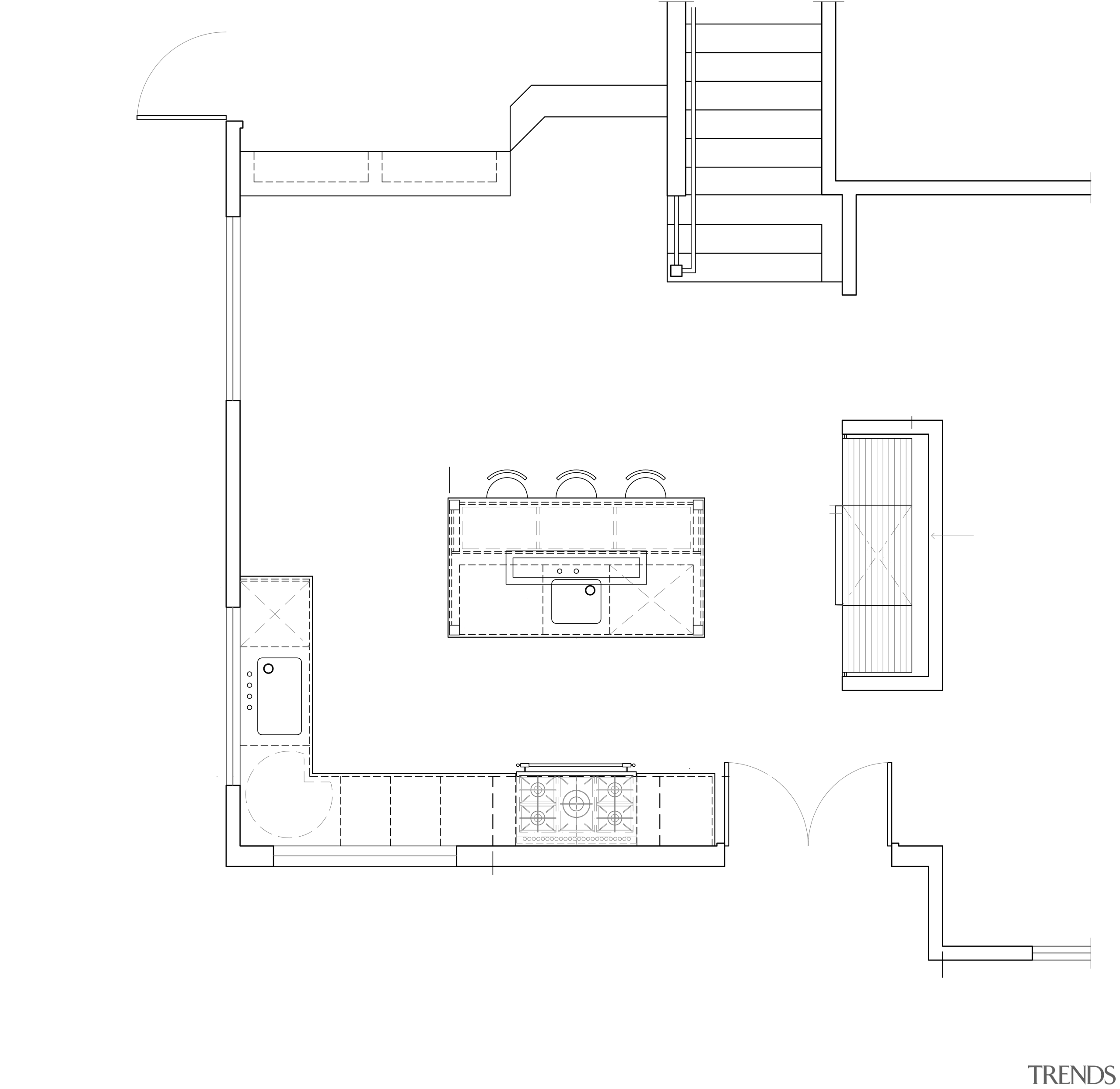 View of kitchen with wooden flooring, hanging pots angle, architecture, area, black and white, design, diagram, drawing, elevation, floor plan, font, house, line, plan, product, product design, structure, text, white