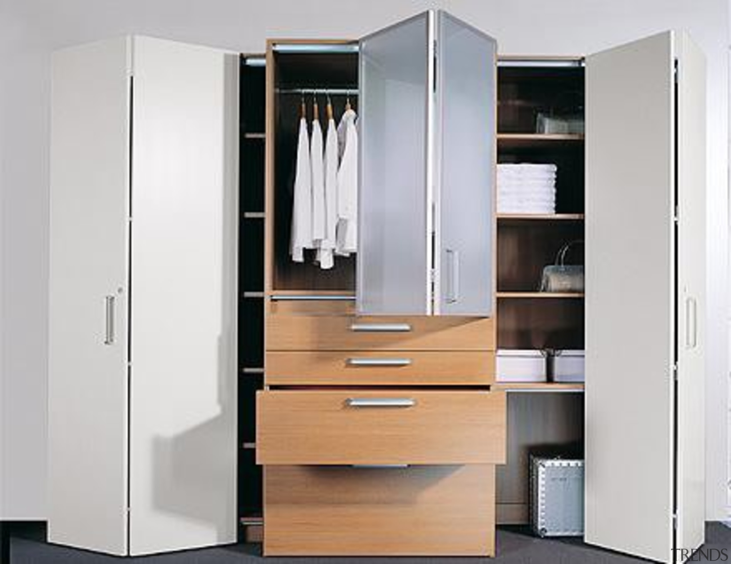 WingLine 780 folding door fitting used in bedroom. angle, cabinetry, chest of drawers, closet, cupboard, filing cabinet, furniture, product design, wardrobe, white, gray