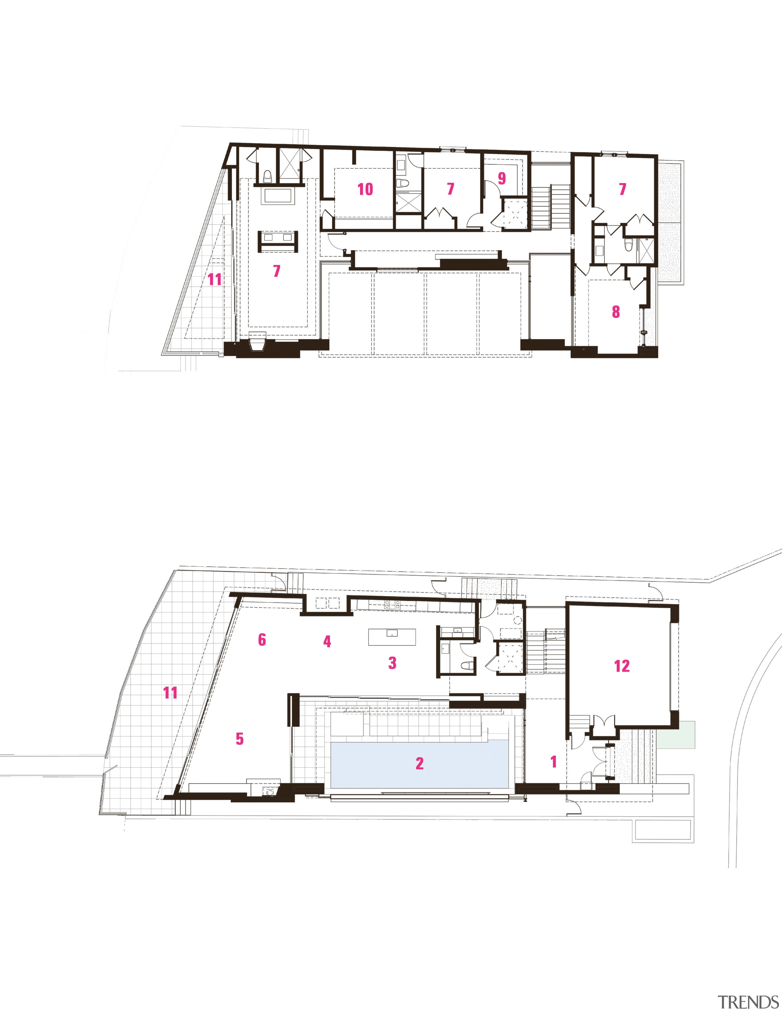 Legend: 1 entry, 2 pool, 3 kitchen, 4 area, design, diagram, floor plan, line, plan, product design, text, white