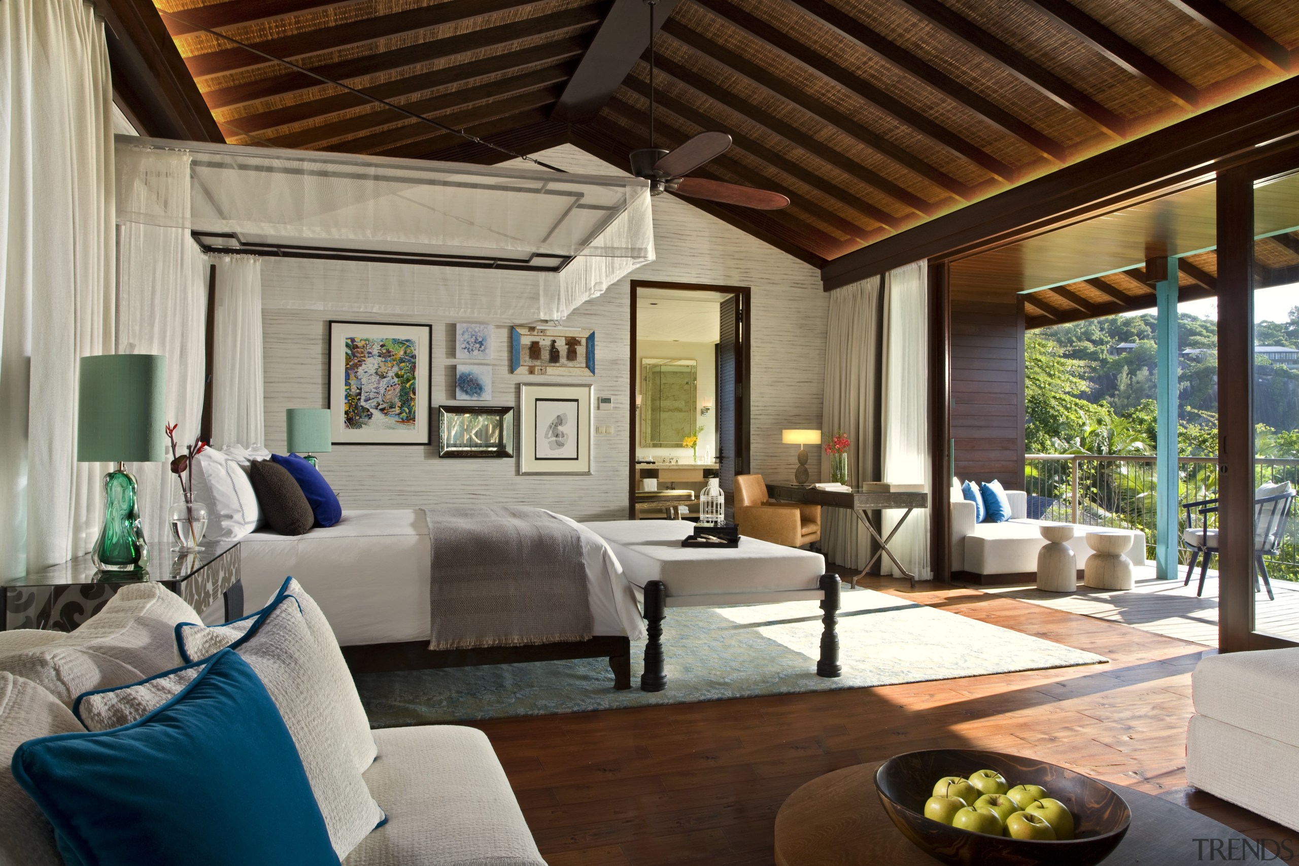 View of Four Seasons Seychelles high-end resort - ceiling, estate, interior design, living room, property, real estate, resort, room, gray