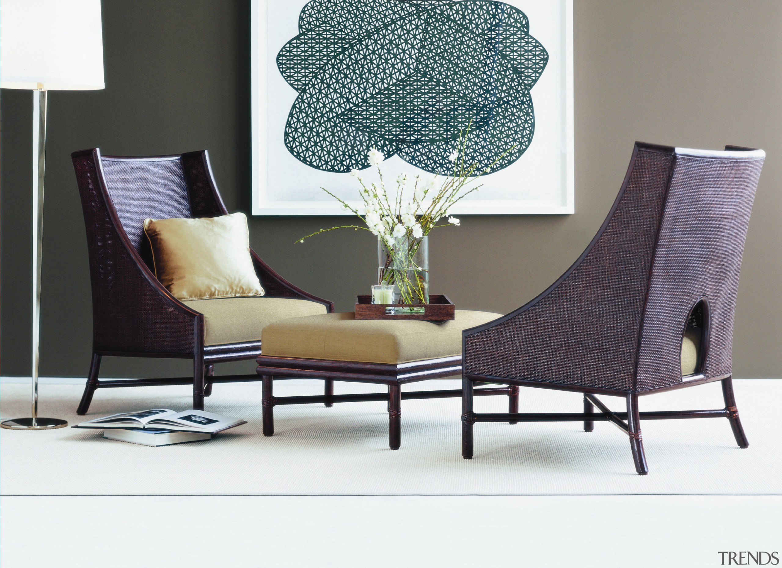 View of two purple setas with coffee coloured chair, couch, furniture, interior design, living room, loveseat, product, product design, table, white, black