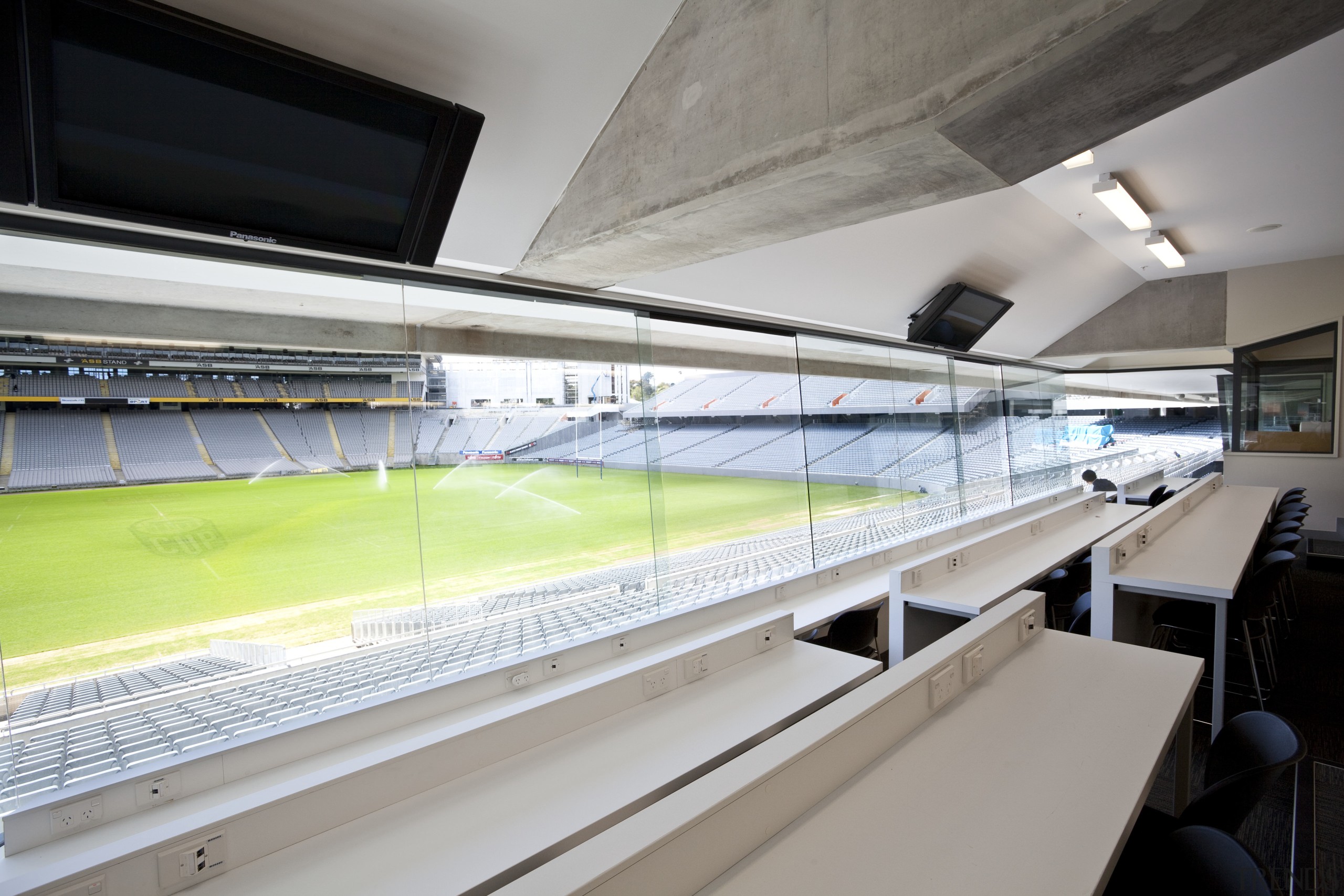 View of the coaches box which features communications architecture, glass, leisure centre, sport venue, structure, gray