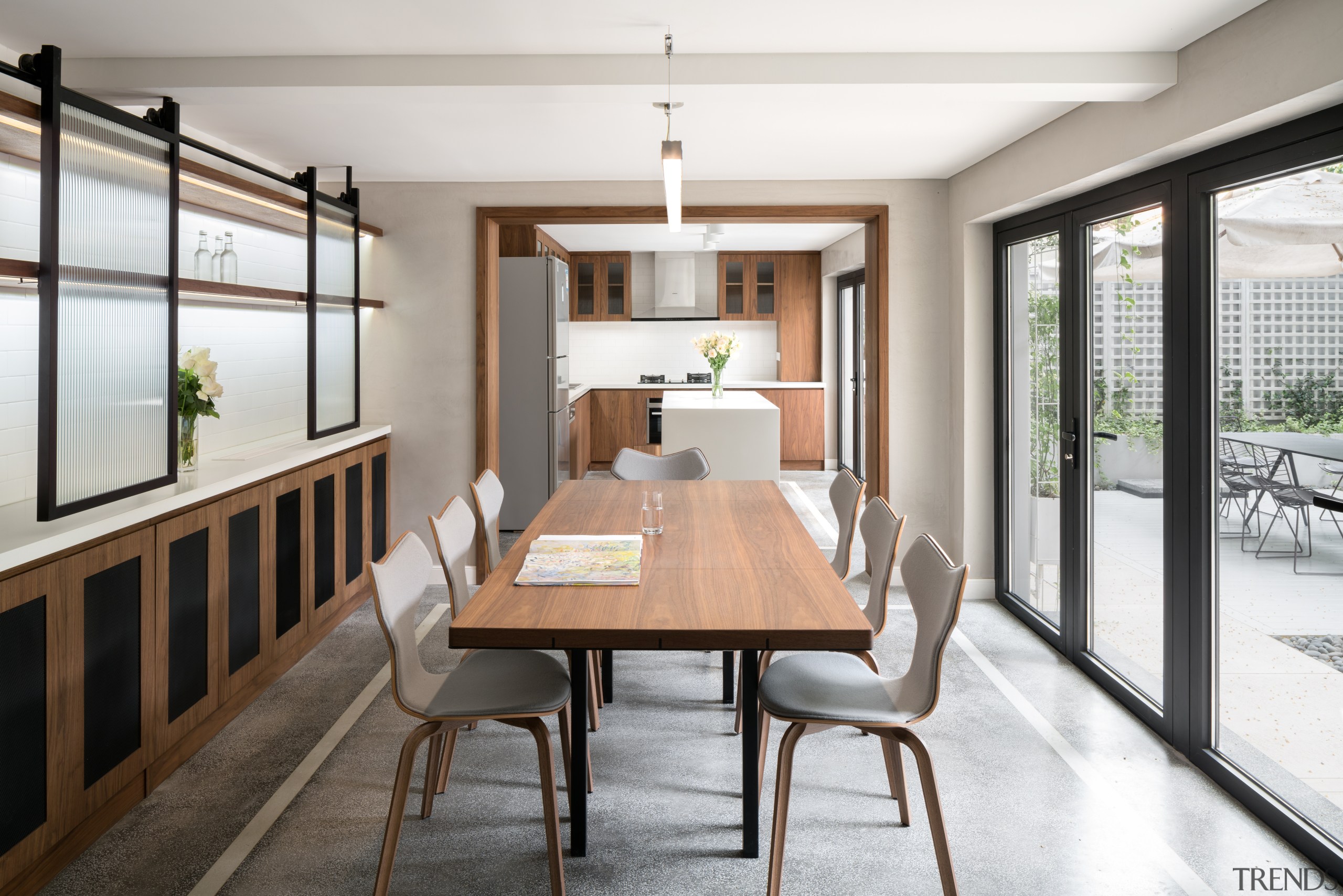 A light-filled white and wood show kitchen is dining room, house, interior design, real estate, room, window, white