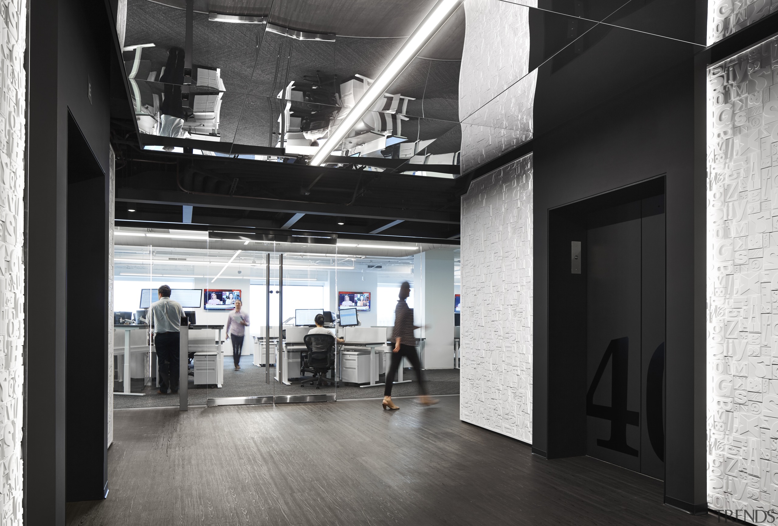 This wallcoverings in this lift lobby at the interior design, lift lobby, chicago tribune, office, eastlake studios