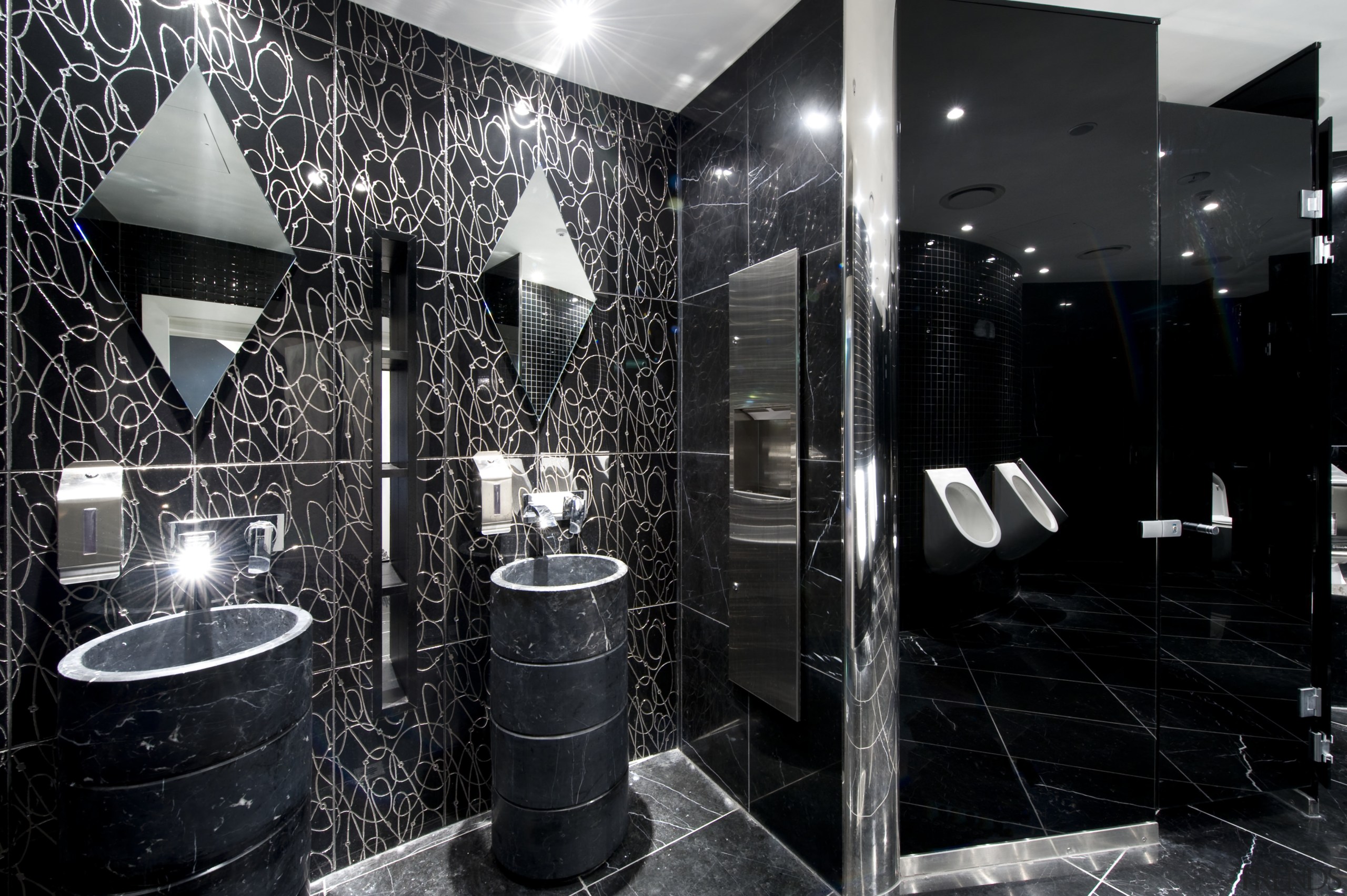 A decorative motif features throughout the interior. The black and white, flooring, interior design, black