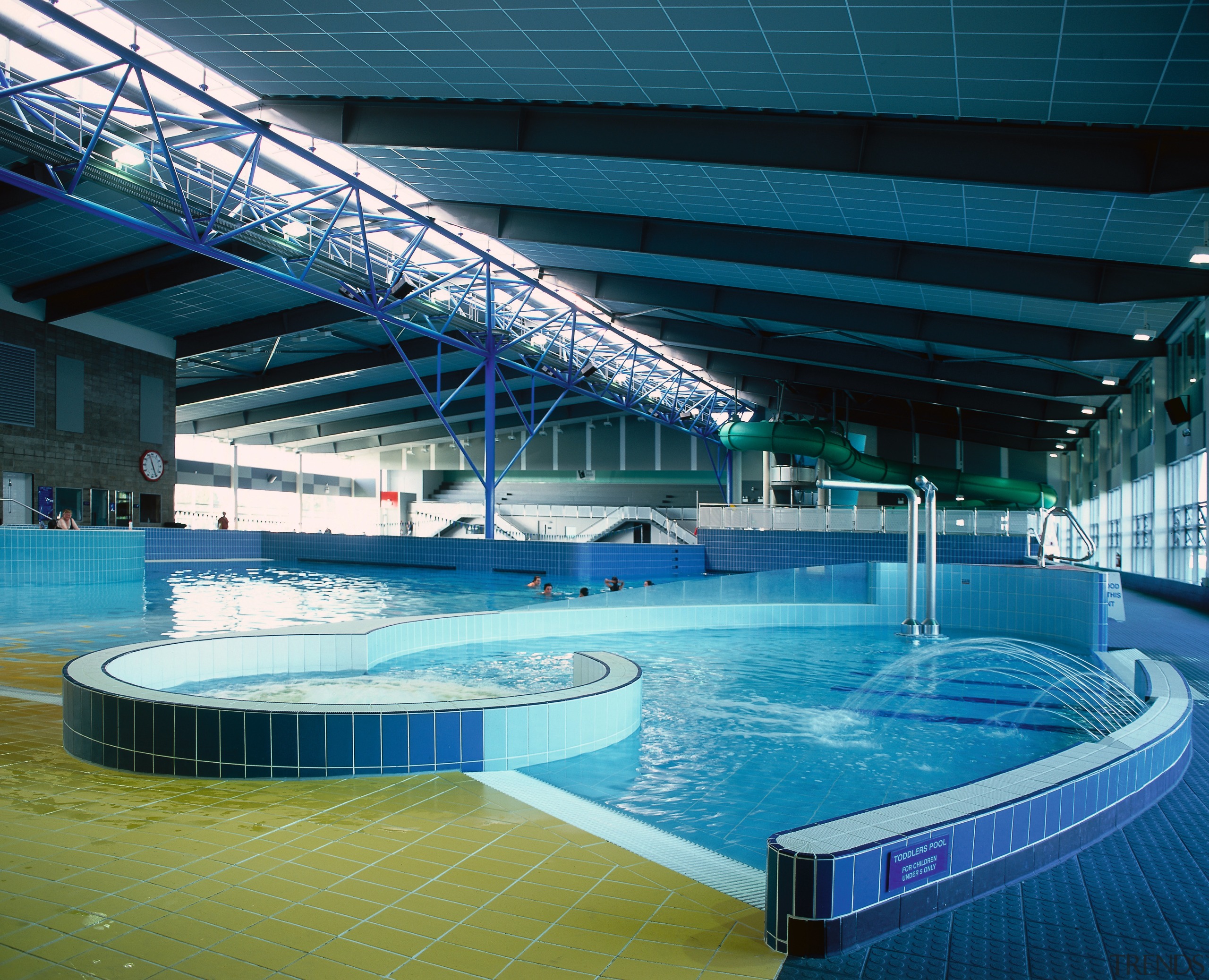 Large indoor pool complex with steel girders across leisure, leisure centre, resort town, sport venue, swimming pool, thermae, water, water park, teal